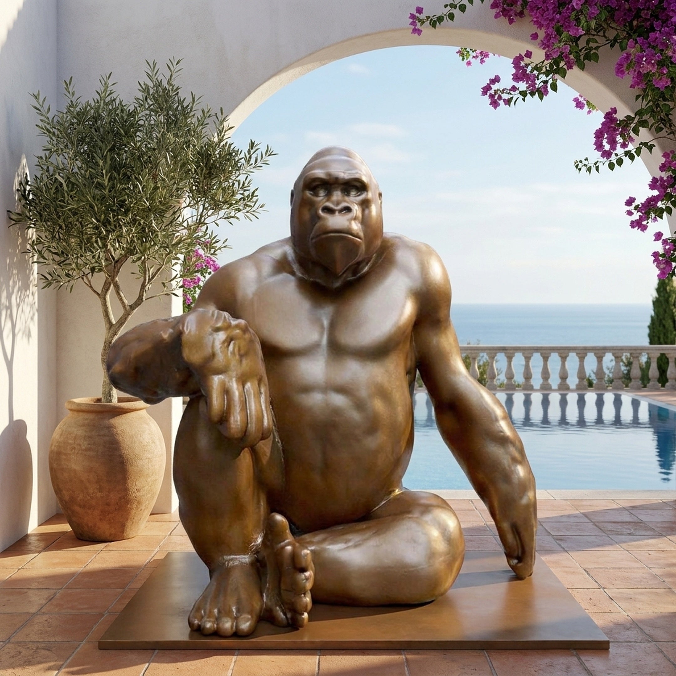 Monumental Seated Gorilla Bronze Sculpture by Giant Sculptures in warm golden-brown patina, shown cross-legged on a terrace beside a pool and potted olive tree.