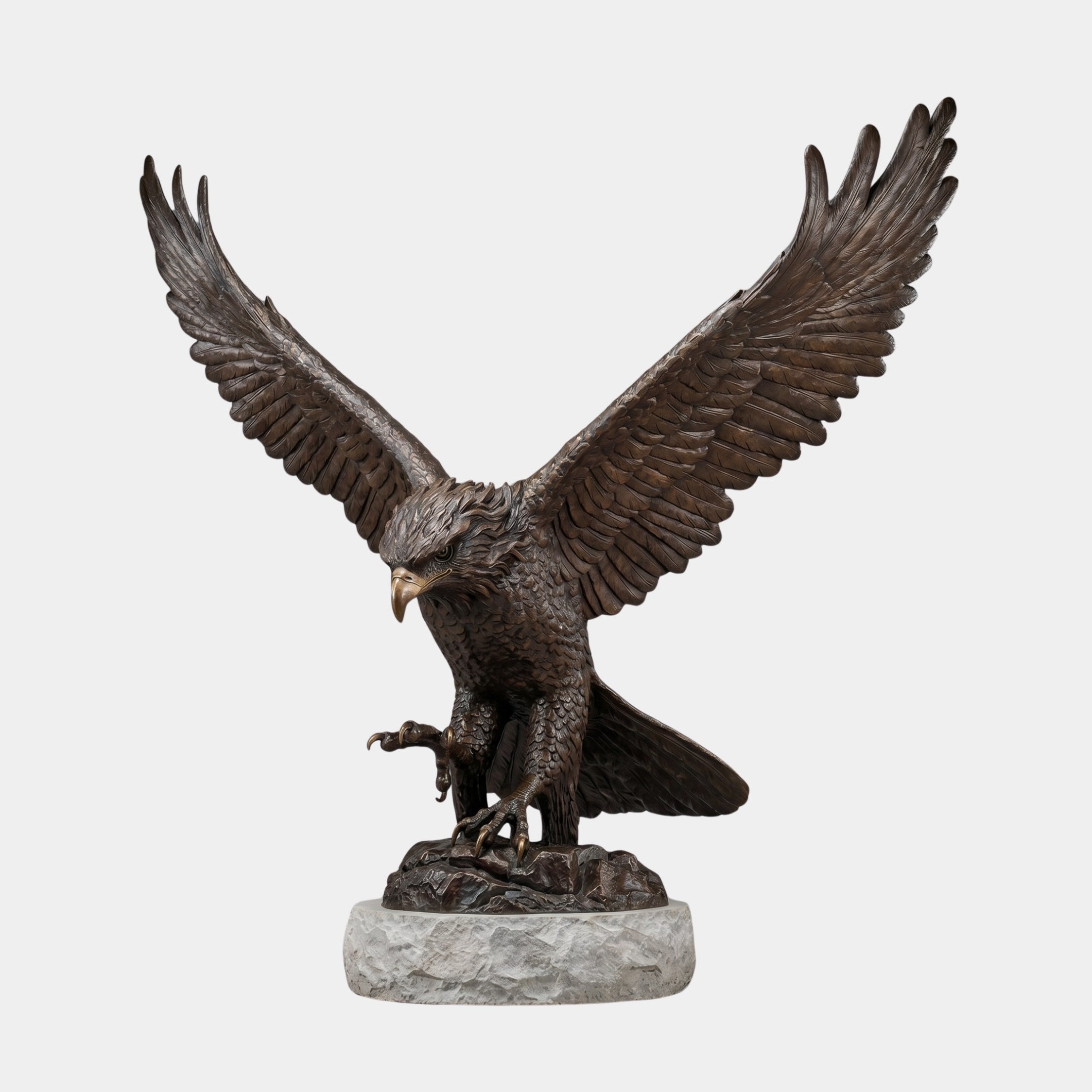 Monumental Spread-Wing Eagle Bronze Sculpture by Giant Sculptures, 350cm, dark antique patina, wings raised in full extension, perched on a rocky stone base.