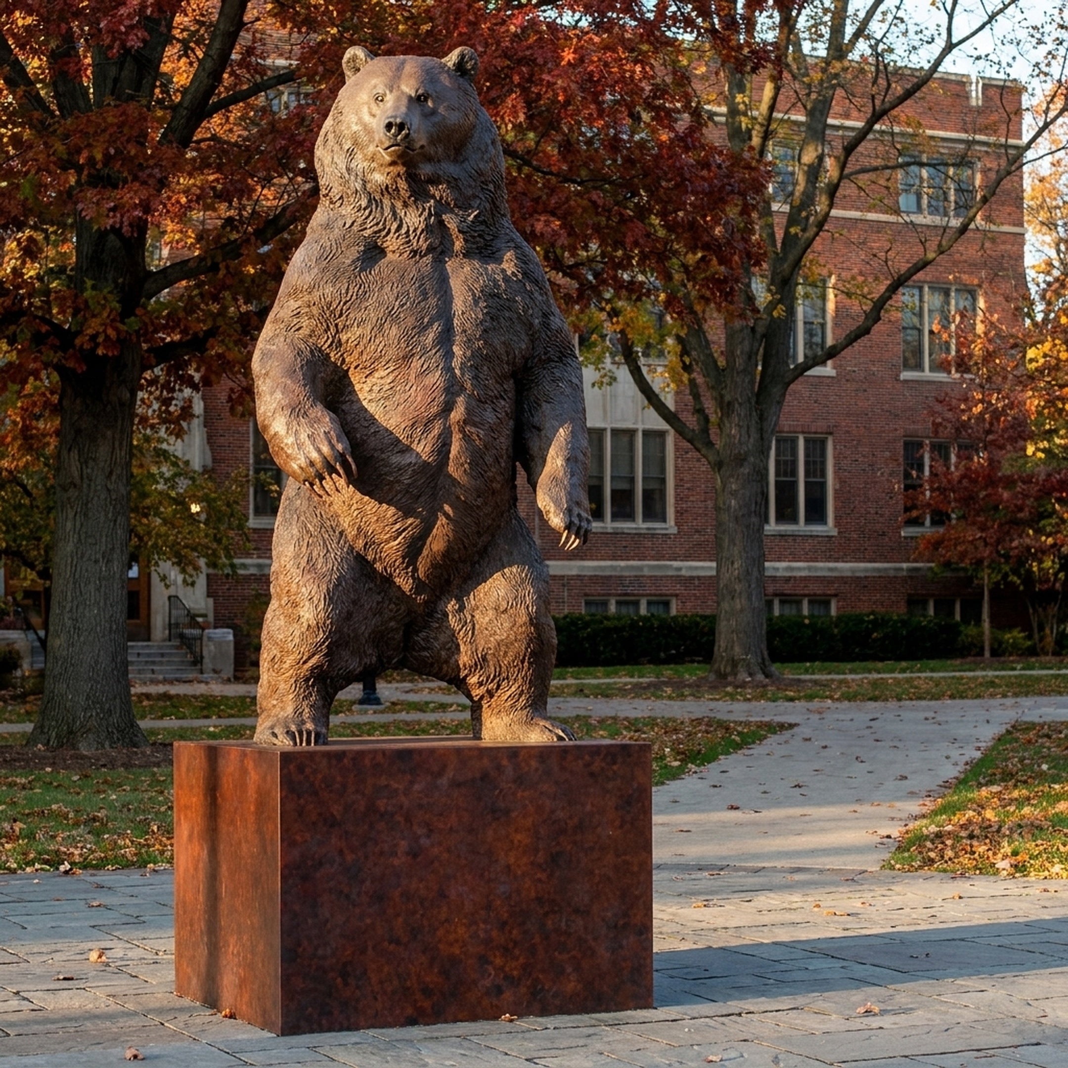 Monumental Standing Bear Bronze Sculpture by Giant Sculptures, 380cm bronze bear rearing upright on a granite plinth outside a brick building in autumn.