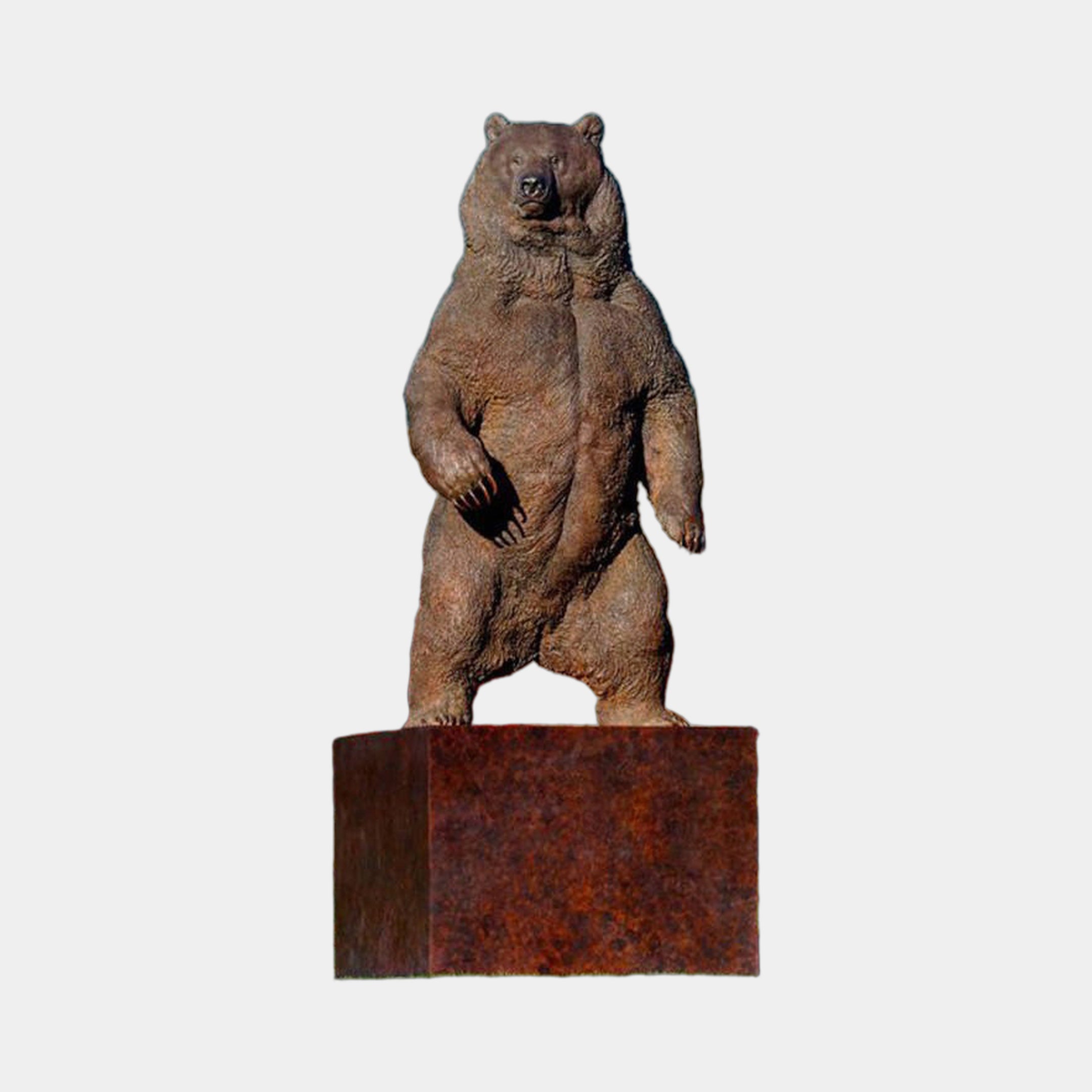 Giant Sculptures Monumental Standing Bear Bronze Sculpture 380cm, rearing upright with warm brown patina, mounted on a square granite plinth against a plain grey background.