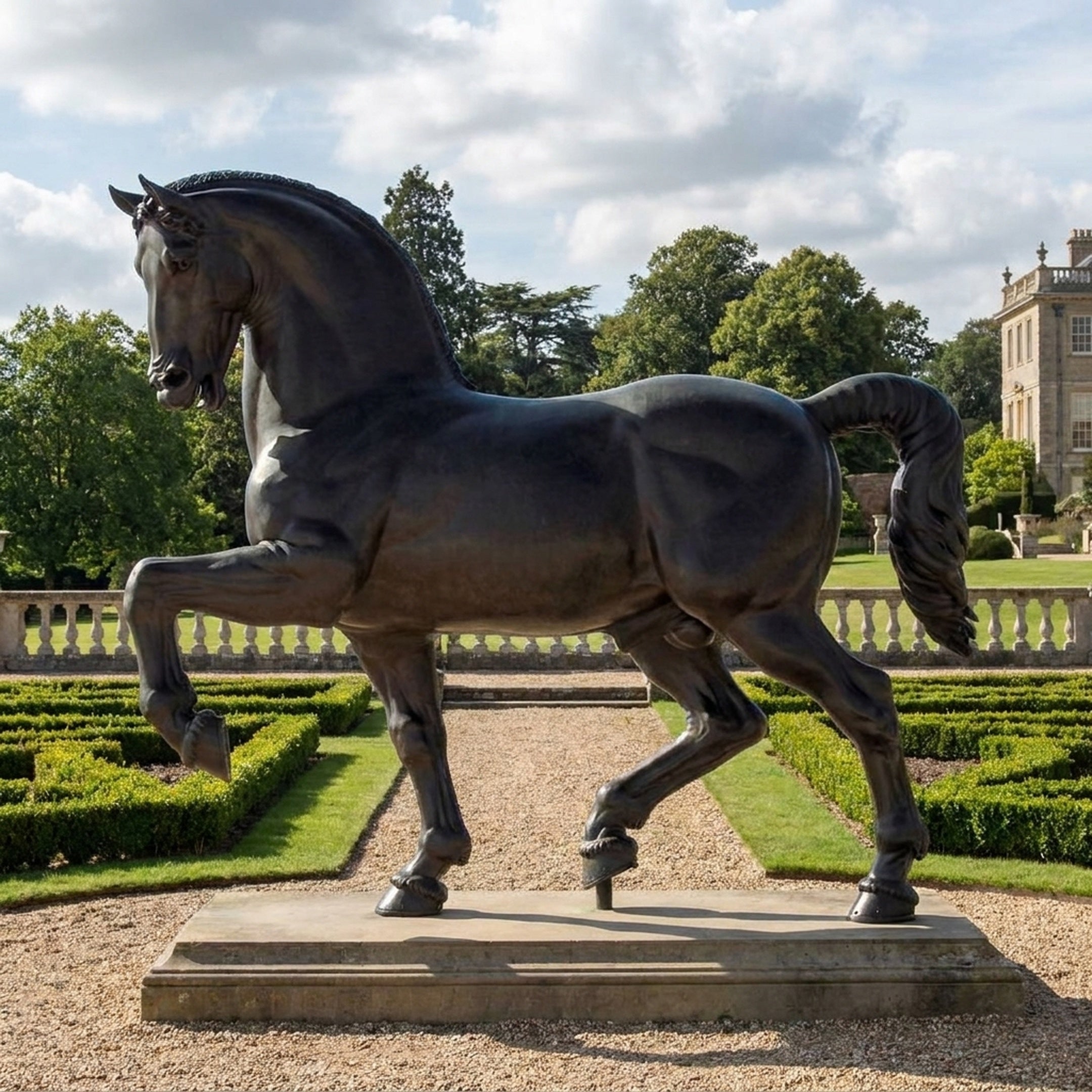Monumental Striding Horse Bronze Sculpture by Giant Sculptures shown in side profile on a stone plinth in a formal garden with a country estate behind.