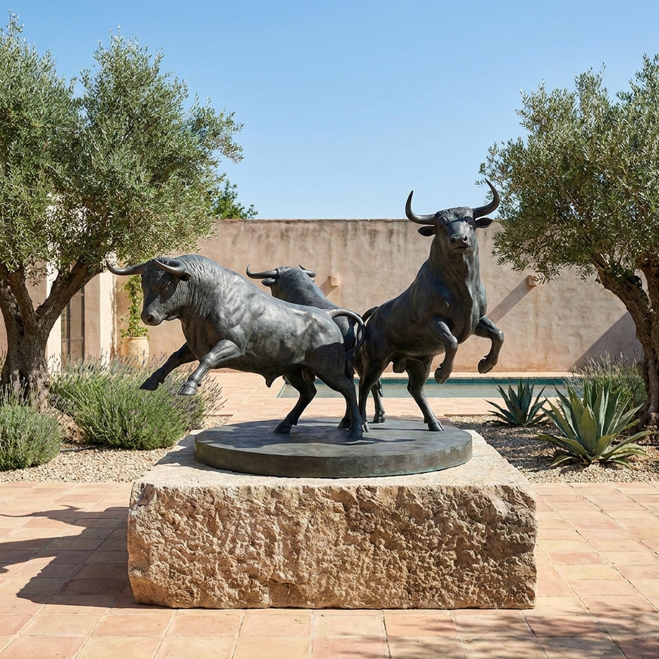Monumental Three Charging Bulls Bronze Sculpture by Giant Sculptures with dark patina, mounted on a rough stone block in a sunlit courtyard with olive trees.