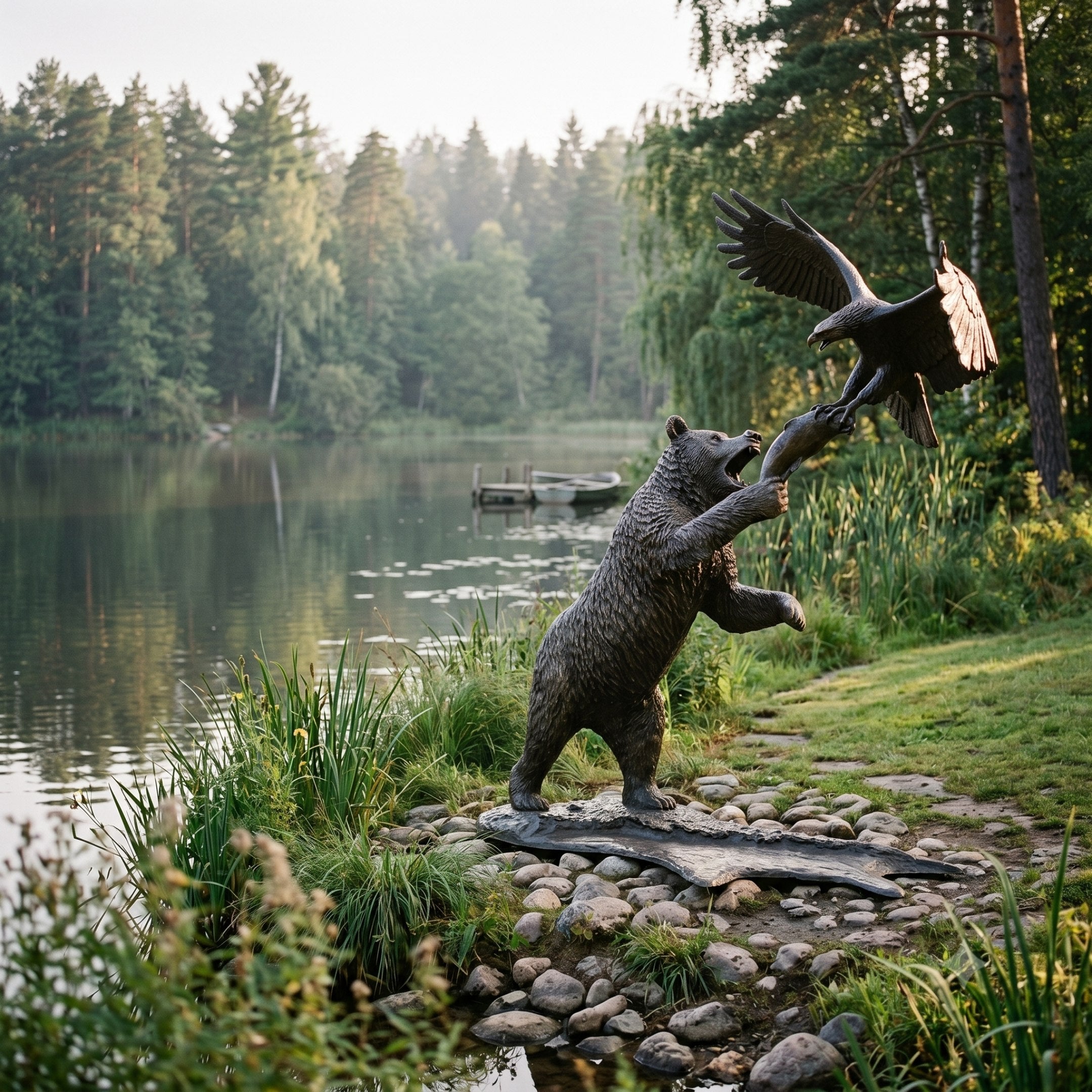 Monumental Traditional Bear and Eagle Bronze Sculpture 300cm by Giant Sculptures, dark patinated bear rearing toward a descending eagle, beside a forest lake.