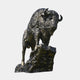 Monumental Traditional Bison Bronze Sculpture, 230cm, cast bronze bison climbing a rocky outcrop with lowered head and raised hoof, dark patinated finish, plain white background.