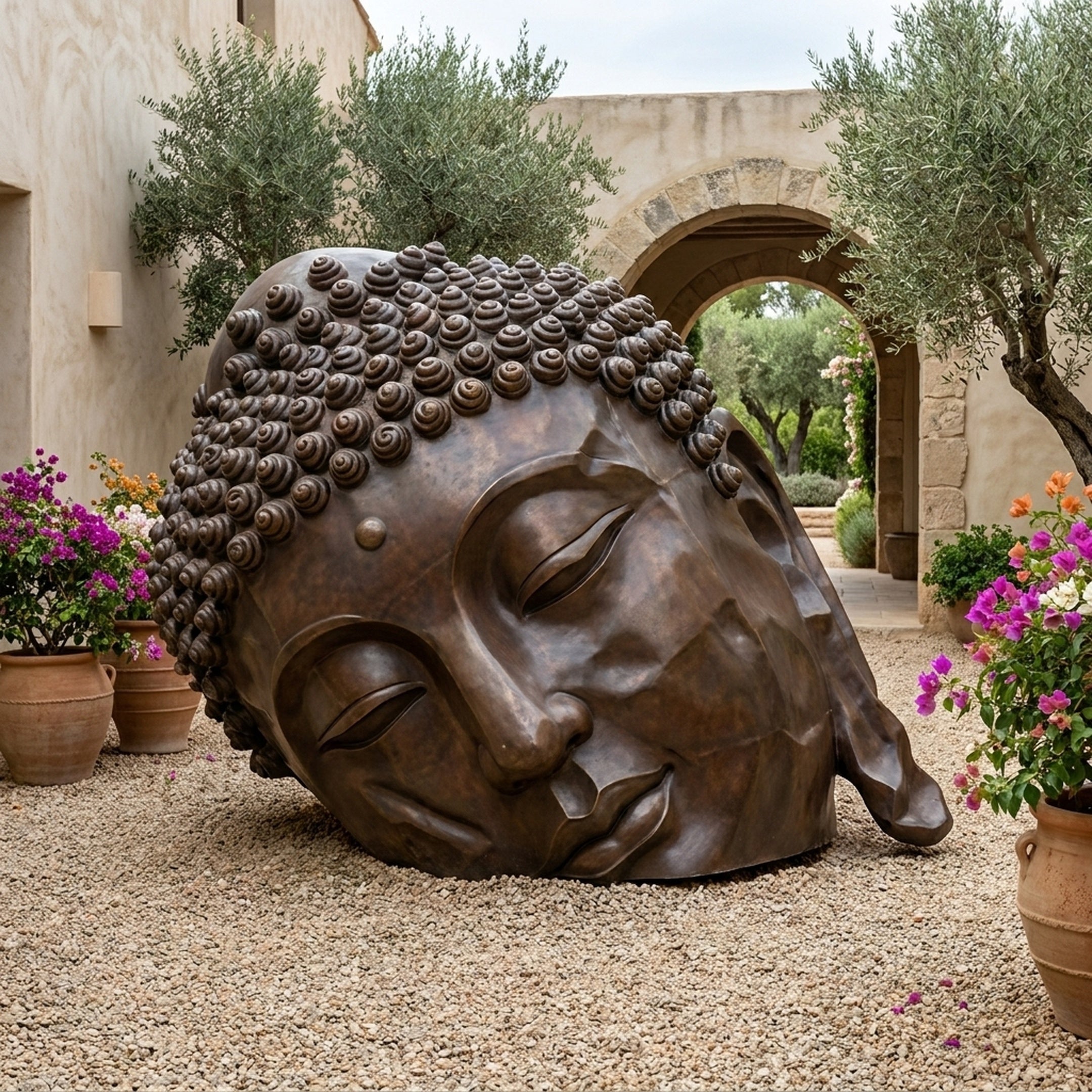 Giant Sculptures Monumental Traditional Buddha Head Bronze Sculpture 150cm reclining on gravel in a Mediterranean courtyard with olive trees and bougainvillea.