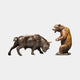 Monumental Traditional Charging Bull and Rearing Bear Bronze Sculpture Set by Giant Sculptures, with dark brown bull lowered to charge and warm brown bear rearing.
