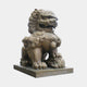 Monumental Traditional Chinese Guardian Lion Bronze Sculpture by Giant Sculptures, seated with right paw on an orb, warm brown patina, on an inscribed plinth.