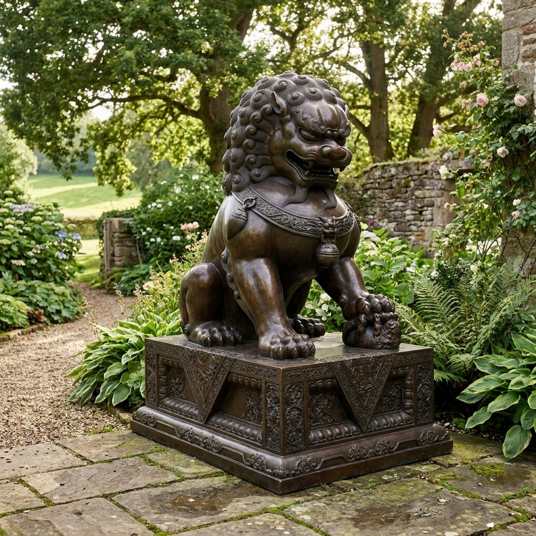 Monumental Traditional Chinese Guardian Lion Bronze Sculpture by Giant Sculptures, seated on a carved plinth with paw on sphere, set in a flowering garden.