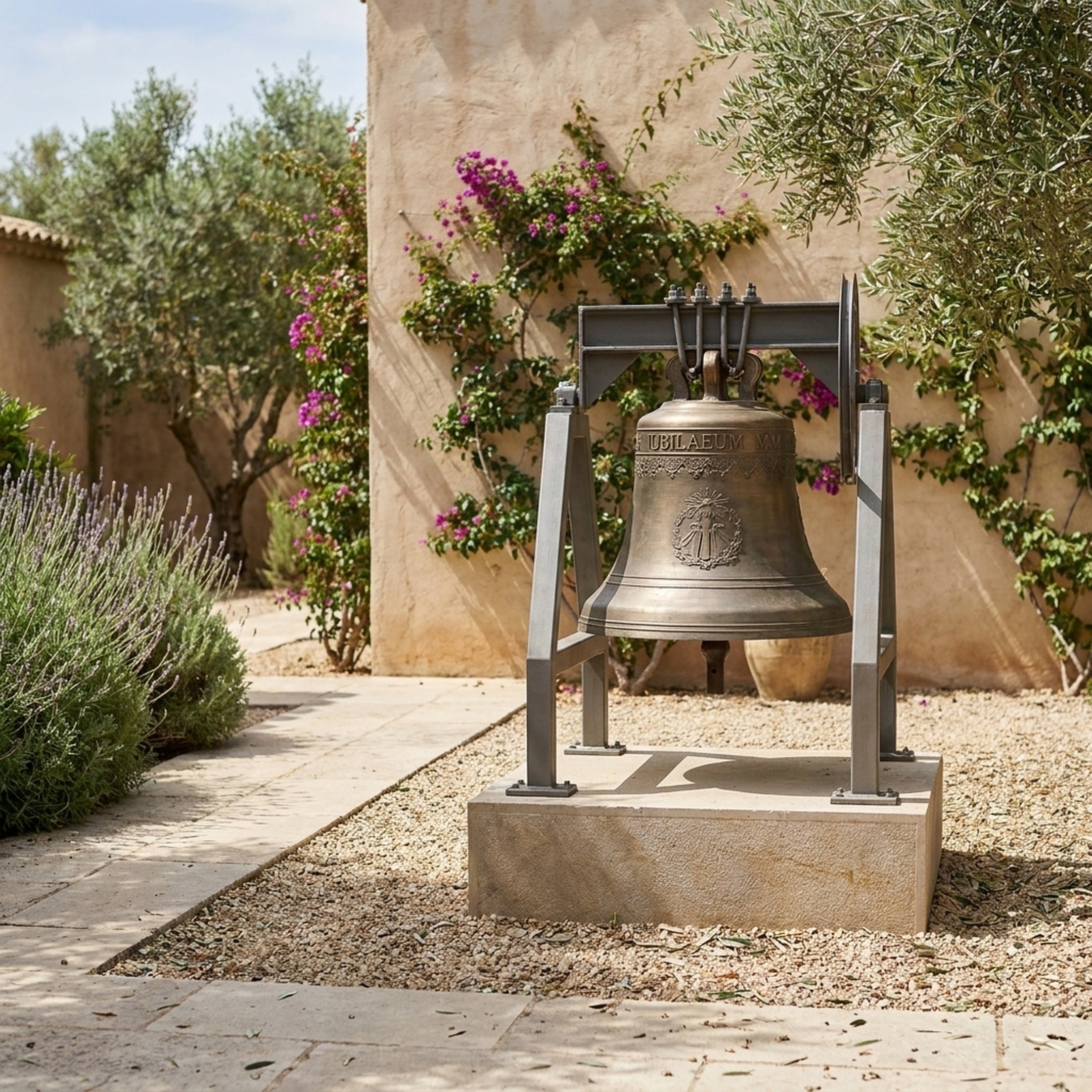 Monumental Traditional Church Bell Bronze Sculpture by Giant Sculptures, suspended in a steel yoke on a stone plinth in a sunlit Mediterranean garden.