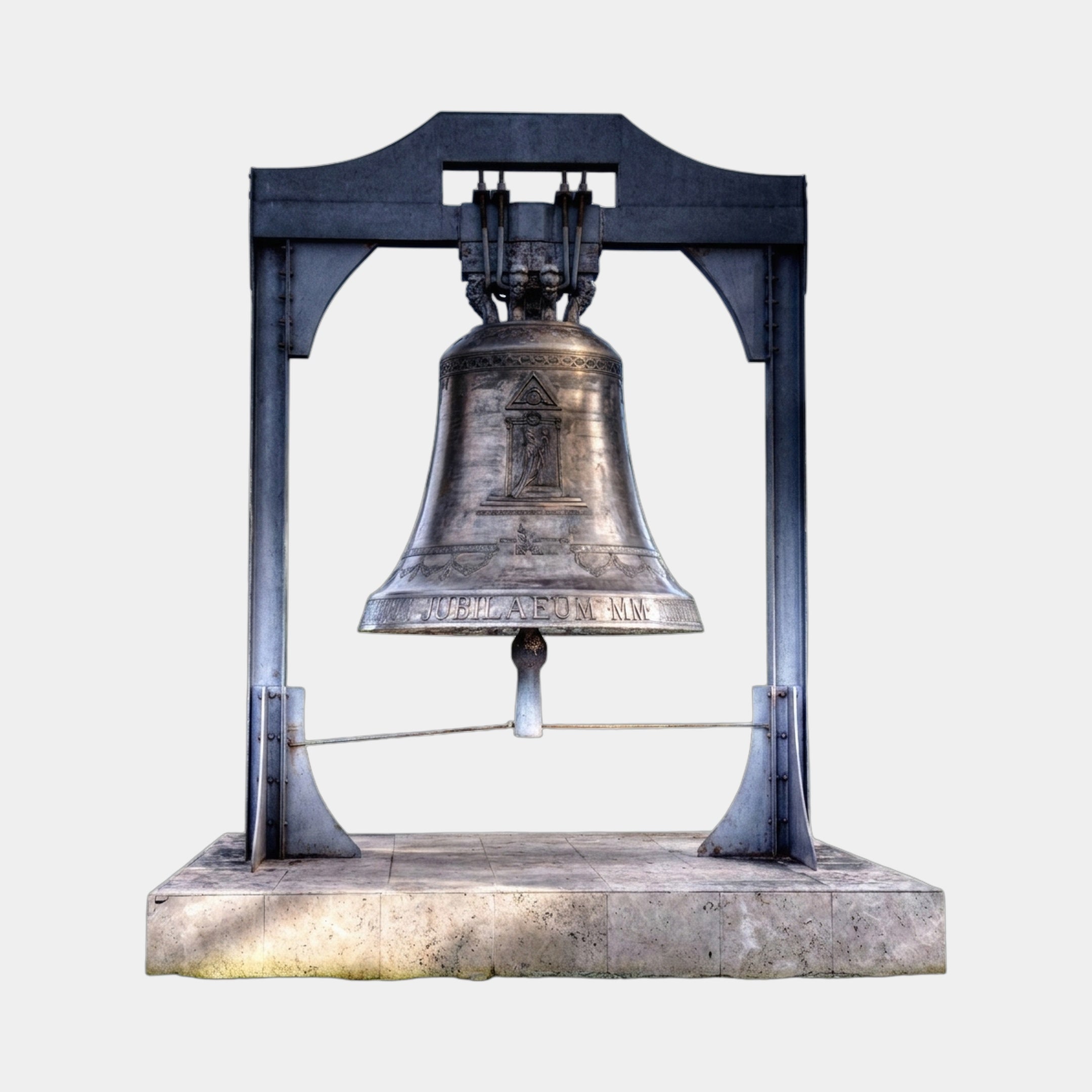 Monumental Traditional Church Bell Bronze Sculpture by Giant Sculptures, 220cm bronze bell with Latin inscription in a steel yoke on a pale stone plinth.