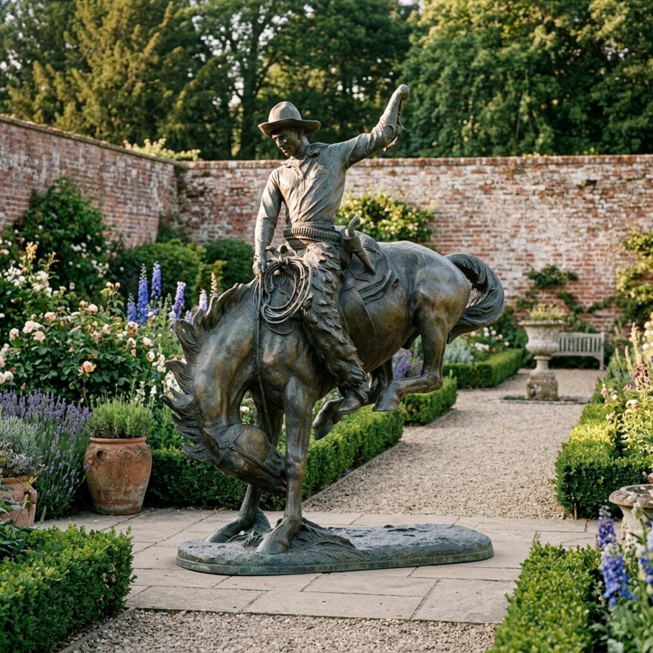 Monumental Traditional Cowboy and Bucking Bronco Bronze Sculpture by Giant Sculptures, 320cm, displayed on a stone path in a walled garden with lavender and roses.