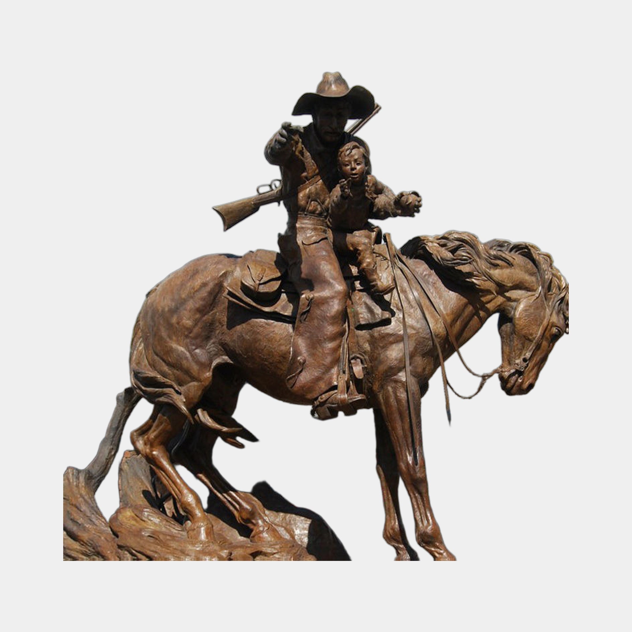 Monumental Traditional Cowboy and Child on Rearing Horse Bronze Sculpture by Giant Sculptures, warm brown patina, rifle raised, against a plain background.