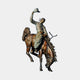 Monumental Traditional Cowboy on Bucking Bronco Bronze Sculpture by Giant Sculptures, rider raising hat atop a rearing horse, warm brown patina with green accents.