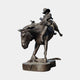 Monumental Traditional Cowboy Riding Rearing Horse Bronze Sculpture by Giant Sculptures, 300cm, dark patina, cowboy leaning back on bucking bronco, plain background.