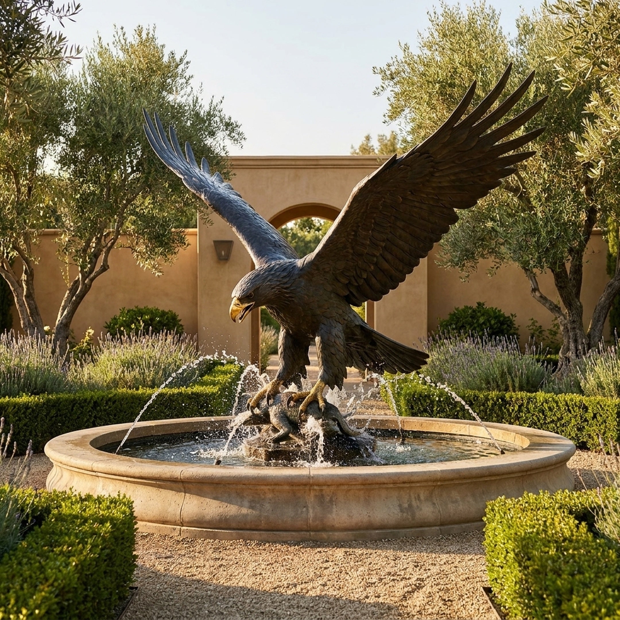 Monumental Traditional Eagle Bronze Fountain 240cm by Giant Sculptures with wings spread mid-strike above a circular basin in a walled garden courtyard.