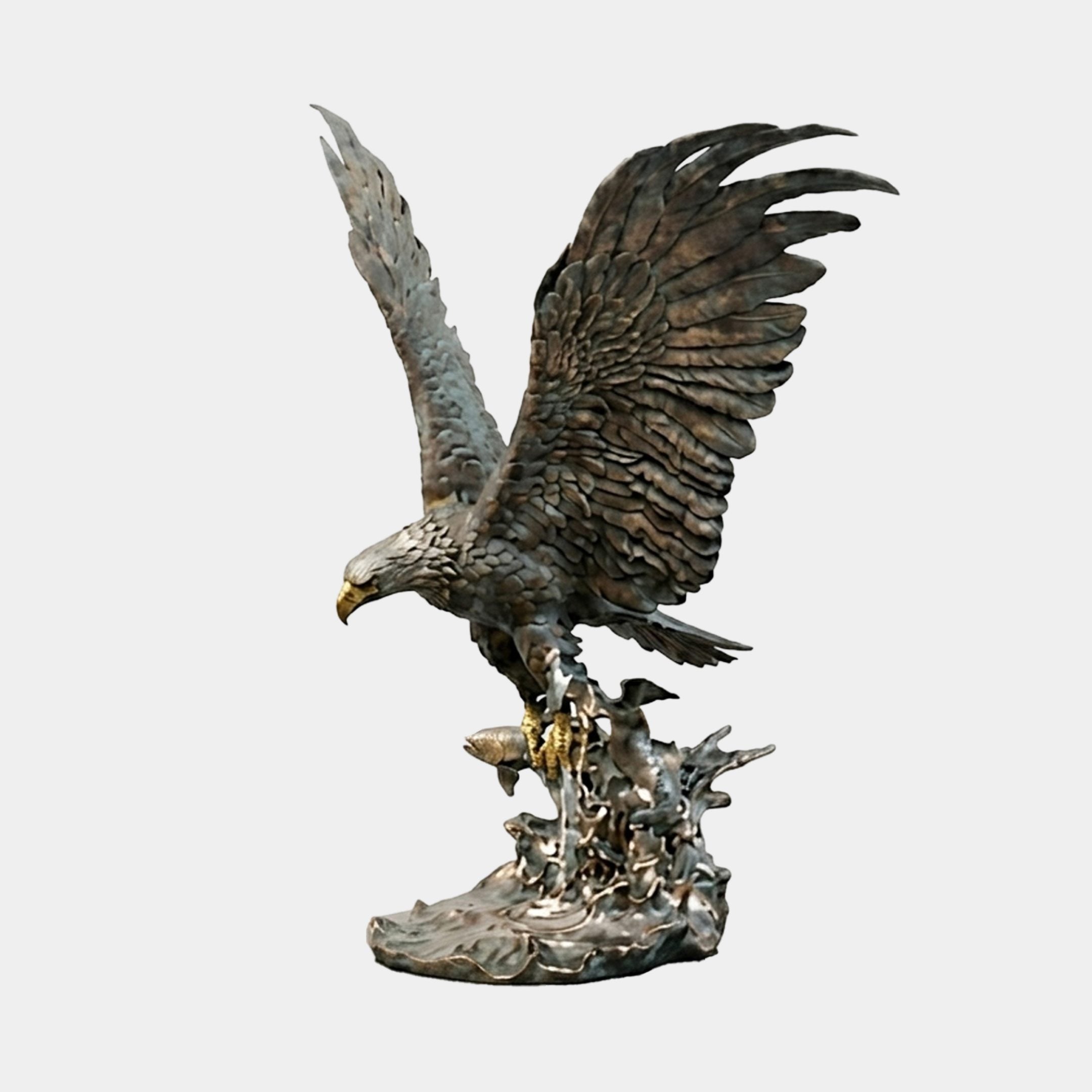 Monumental Traditional Eagle Bronze Fountain by Giant Sculptures, 240cm cast bronze with dark patina and gold-toned beak and talons, wings raised mid-strike over prey.