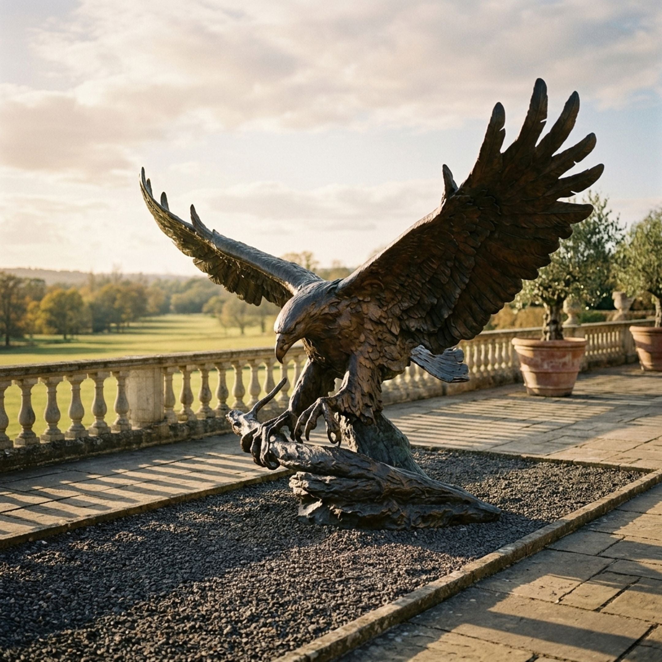 Giant Sculptures Monumental Traditional Eagle Bronze Sculpture 220cm with wings spread wide, talons gripping a branch, displayed on a terrace overlooking parkland.