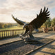 Giant Sculptures Monumental Traditional Eagle Bronze Sculpture 220cm with wings spread wide, talons gripping a branch, displayed on a terrace overlooking parkland.