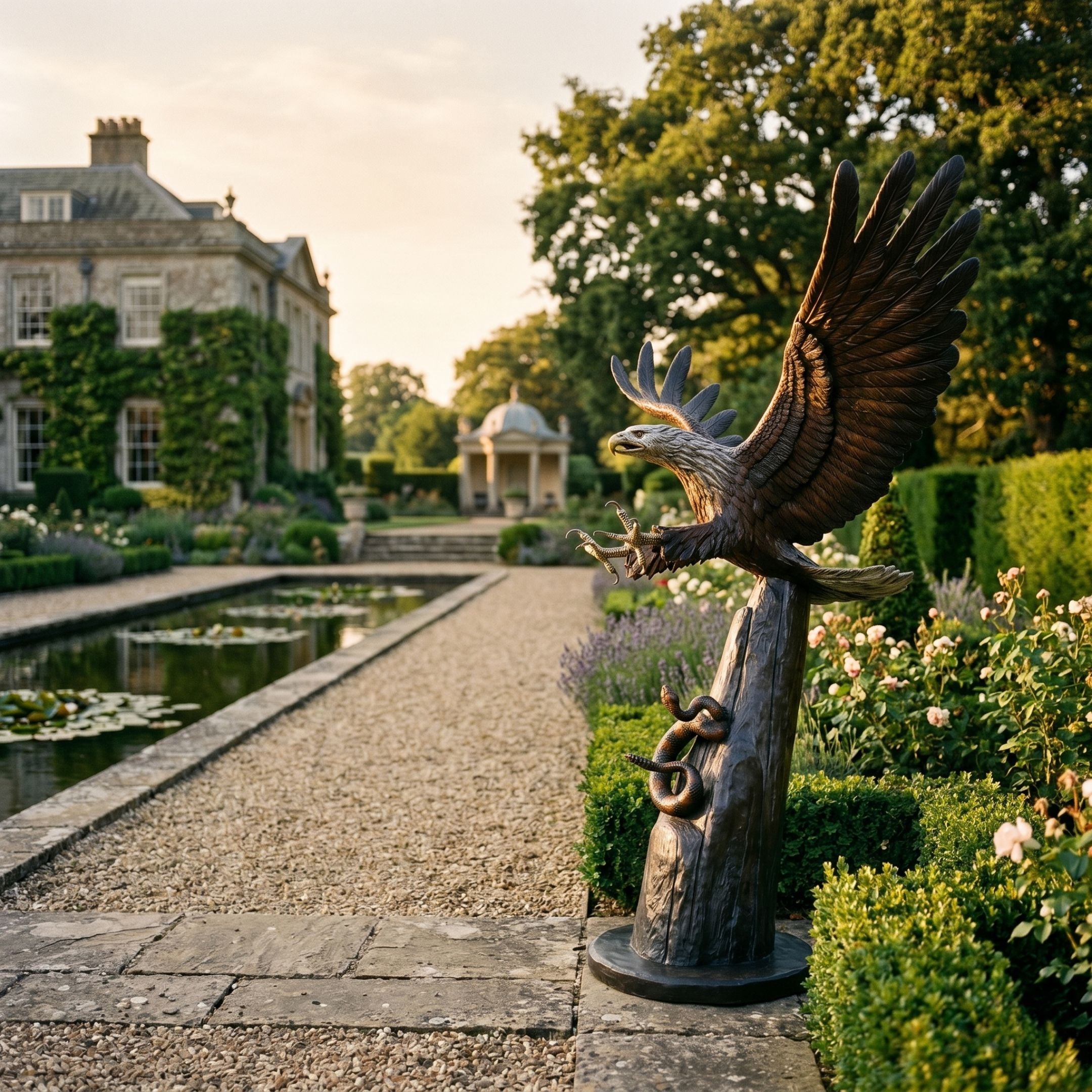 Monumental Traditional Eagle Bronze Sculpture by Giant Sculptures with wings raised on a tree-trunk column with coiled snake, in a formal garden beside a lily pond.