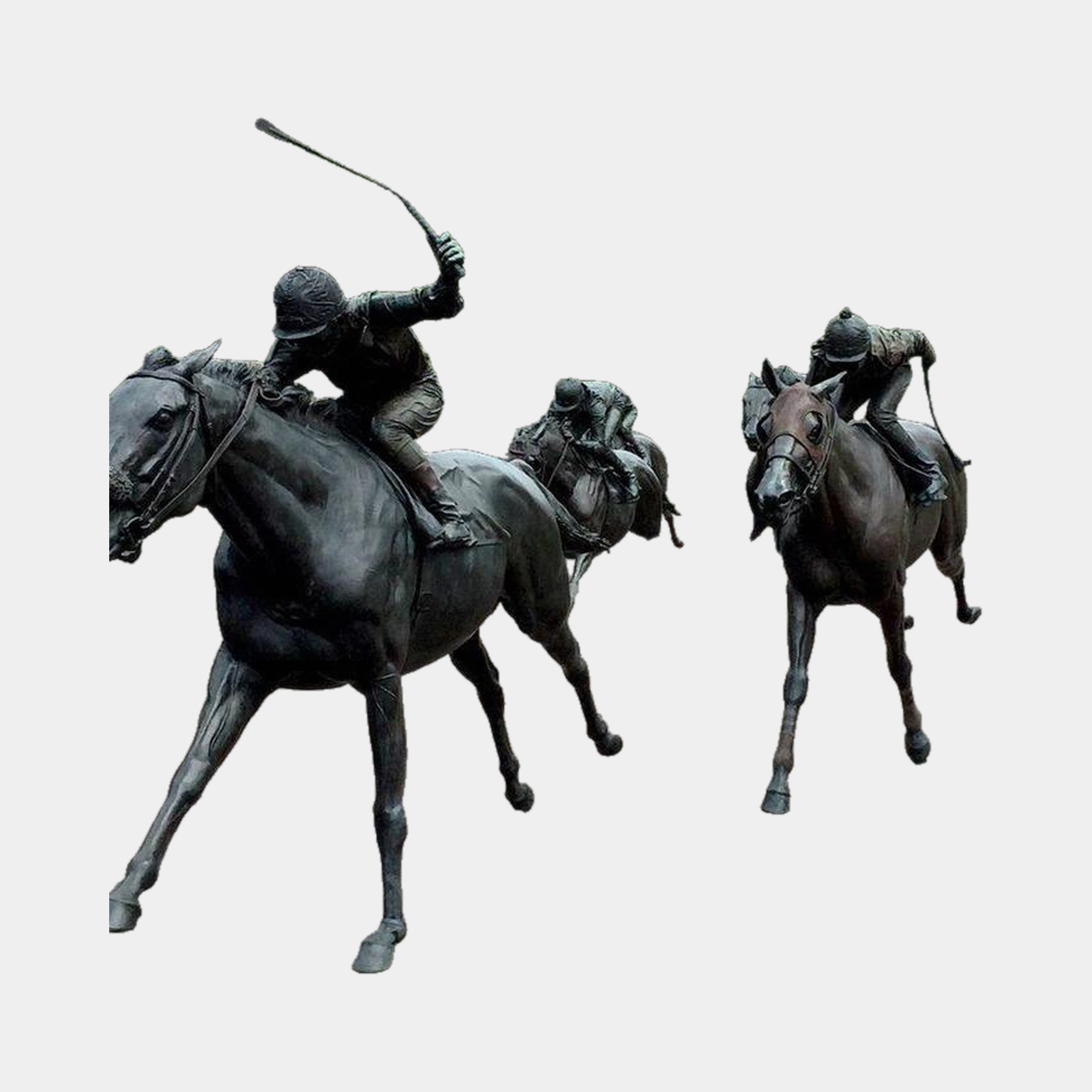 Giant Sculptures Monumental Galloping Racehorses and Jockeys Bronze Sculpture with three horse-and-rider pairs mid-gallop, lead jockey raising a whip overhead.
