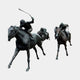 Giant Sculptures Monumental Galloping Racehorses and Jockeys Bronze Sculpture with three horse-and-rider pairs mid-gallop, lead jockey raising a whip overhead.
