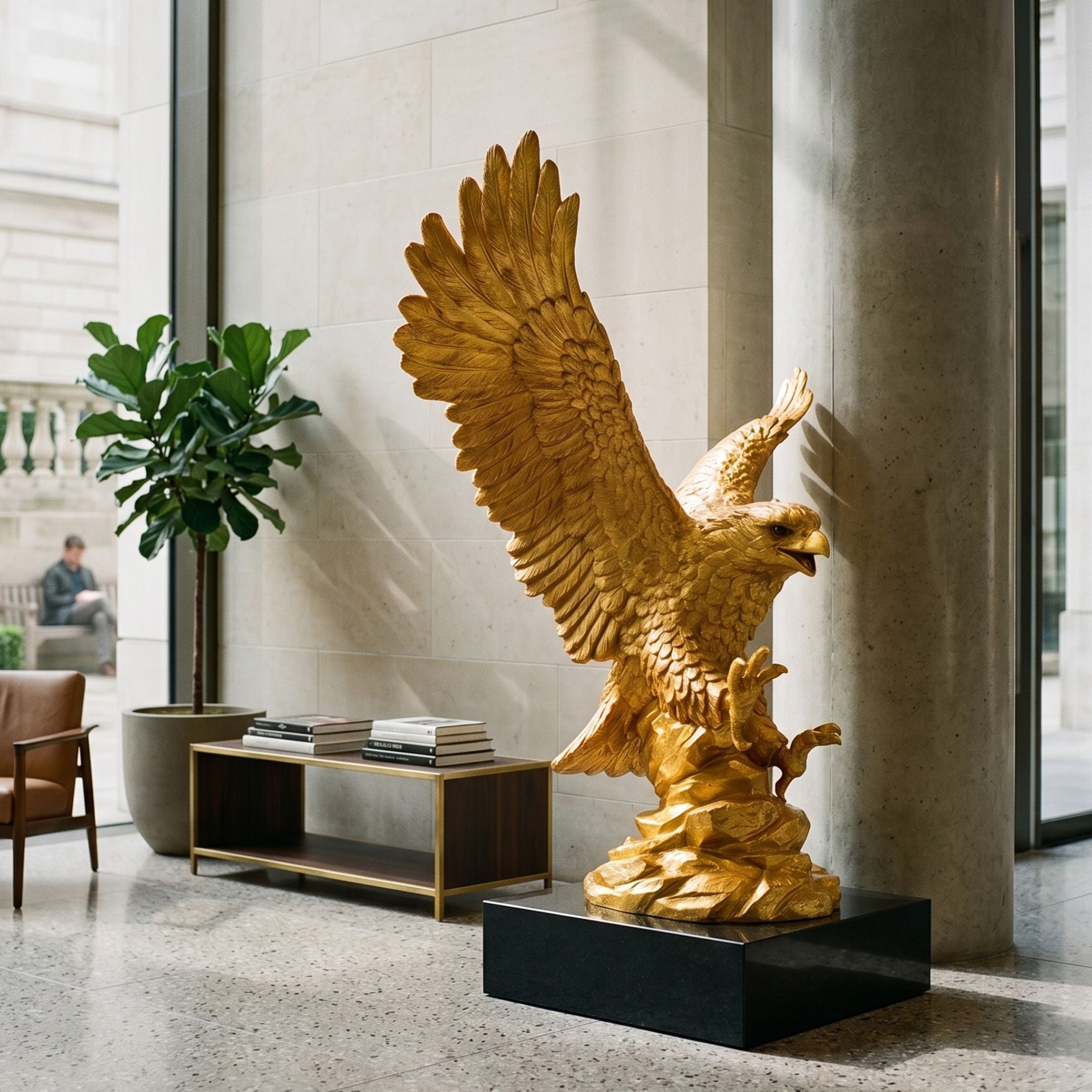 Monumental Traditional Golden Eagle Bronze Sculpture by Giant Sculptures, wings raised and beak open on a black plinth in a stone-clad lobby beside a fiddle-leaf fig.