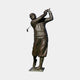 Monumental Traditional Golfer Bronze Sculpture by Giant Sculptures, 270cm dark brown patinated figure mid follow-through swing on a flat plinth, plain background.