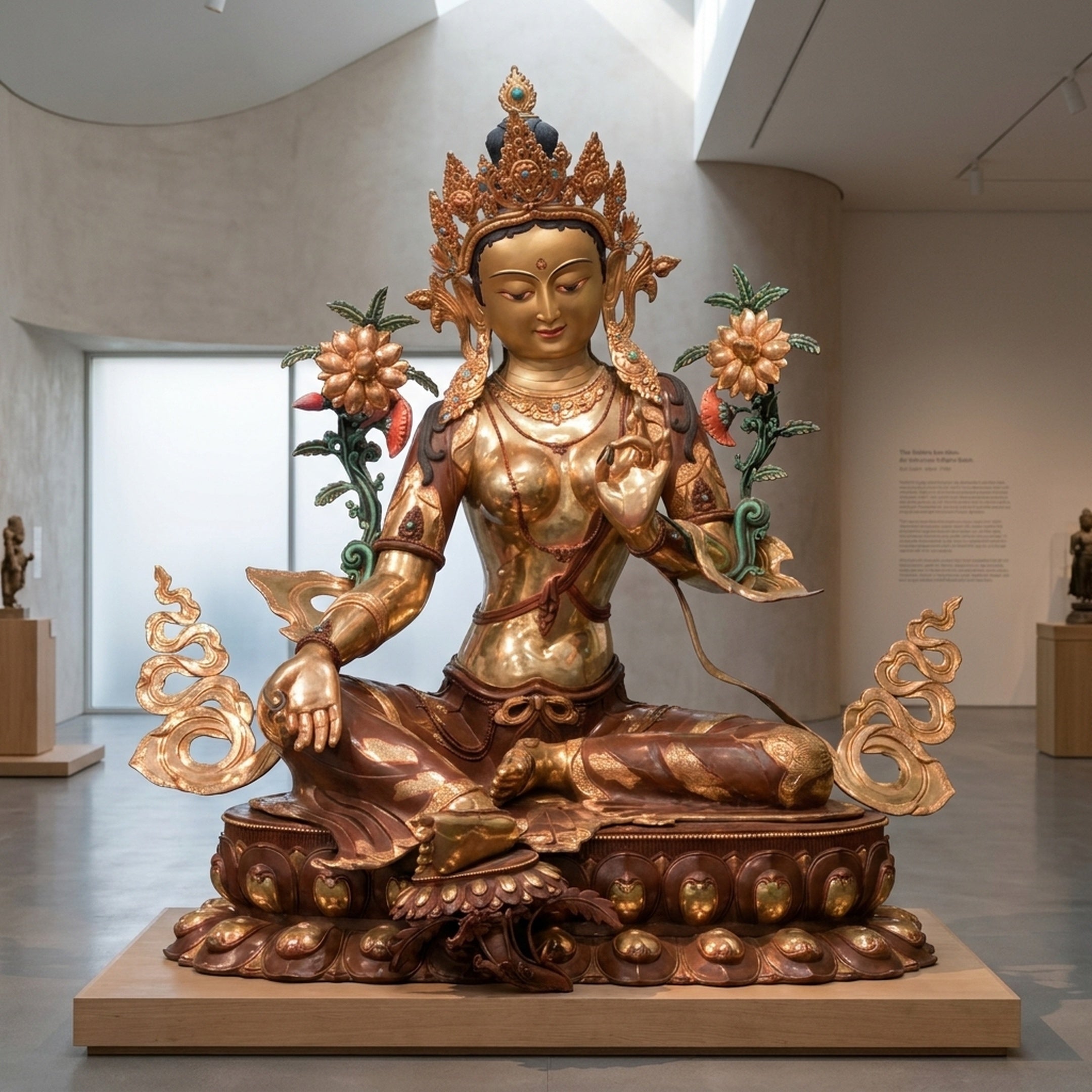 Monumental Traditional Green Tara Goddess Bronze Sculpture by Giant Sculptures, 300cm, seated in royal ease on a tiered lotus throne in a gallery setting.