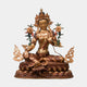 Monumental Traditional Green Tara Goddess Bronze Sculpture by Giant Sculptures in royal ease pose on a tiered lotus throne, copper-gold finish with painted lotus stems.