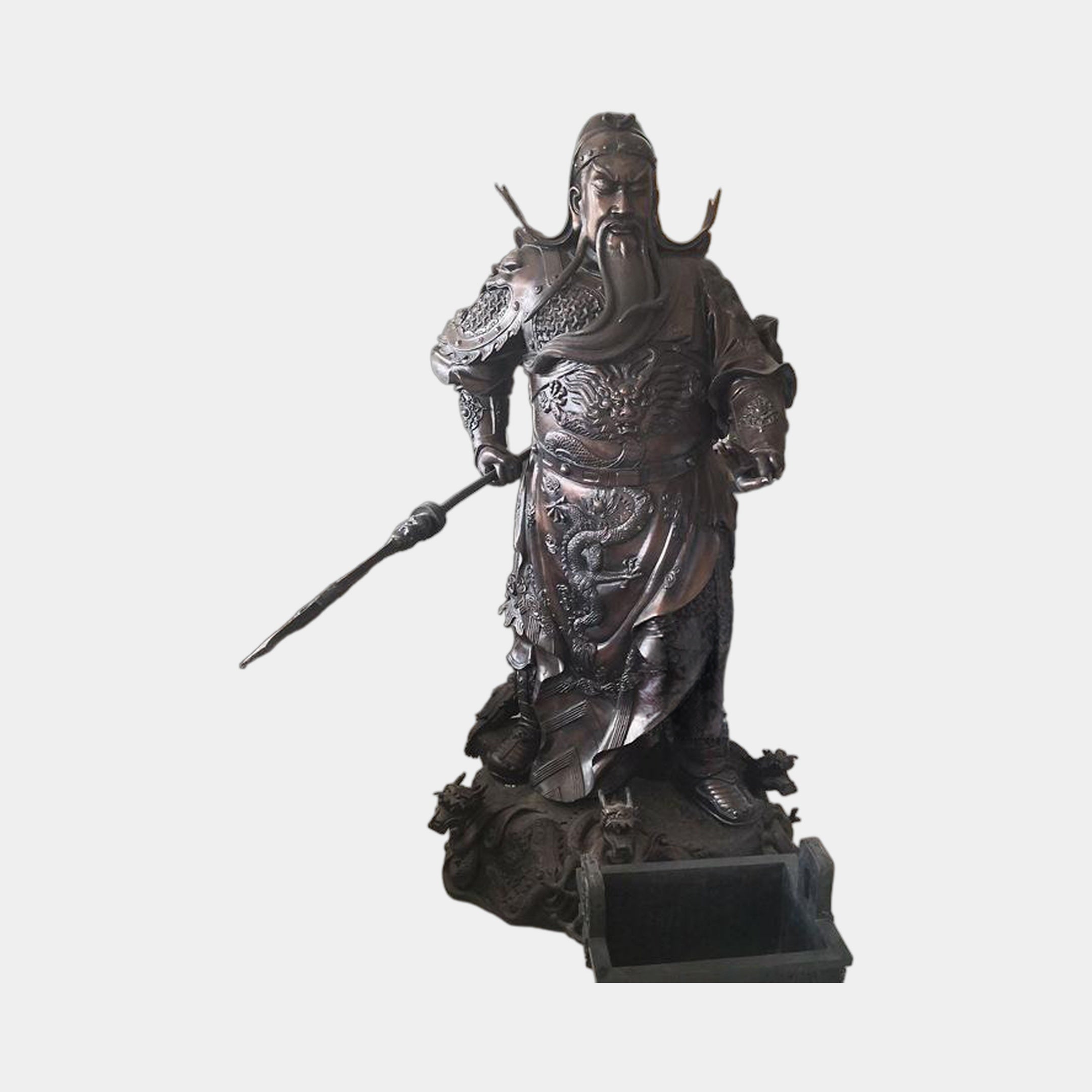 Monumental Traditional Guan Gong Warrior Bronze Statue by Giant Sculptures, 220cm, shown frontally in dragon-relief armour holding a guandao polearm on a rocky base.