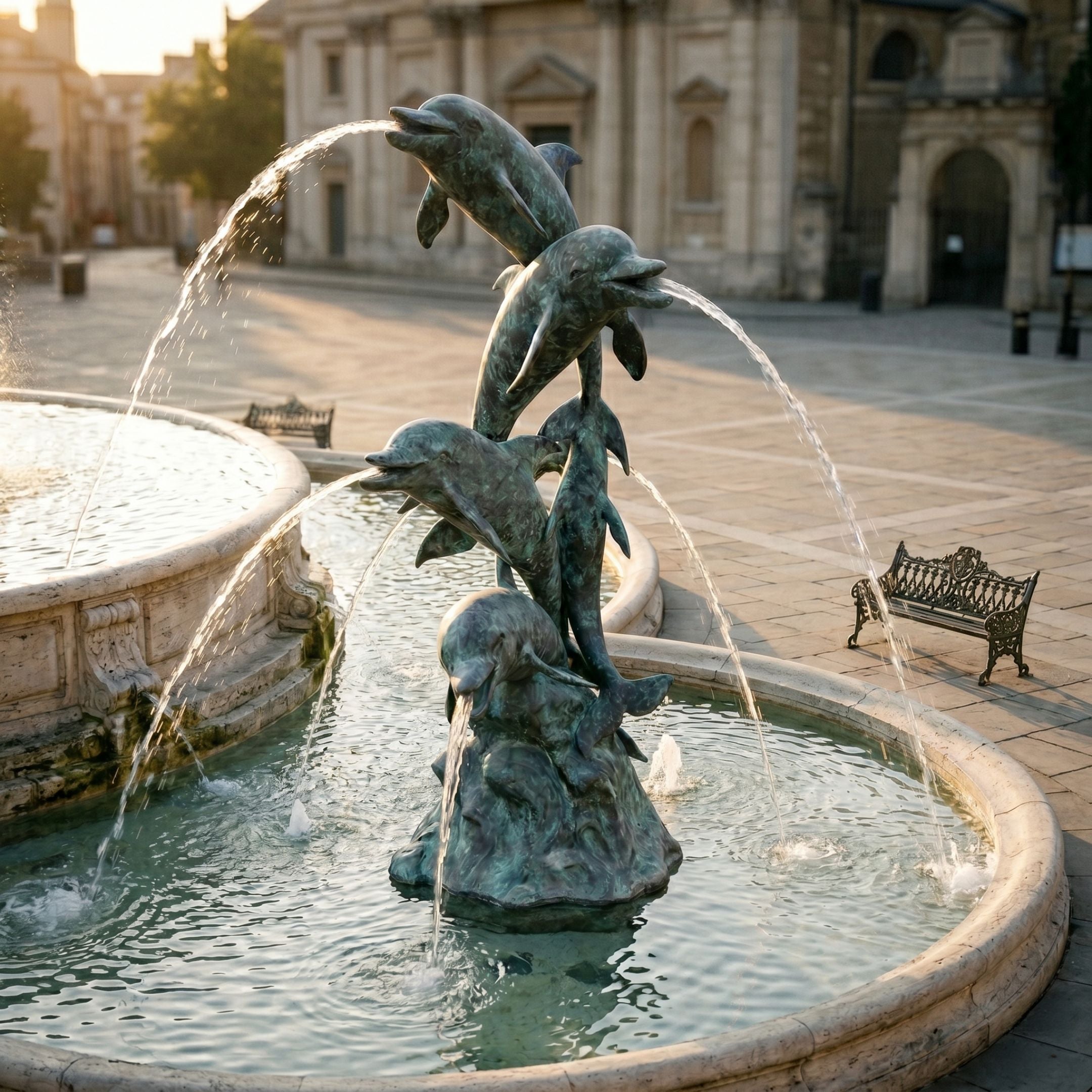 Giant Sculptures Monumental Traditional Leaping Dolphins Bronze Fountain with verdigris patina, jets arcing from spiralling dolphins in a stone plaza basin.
