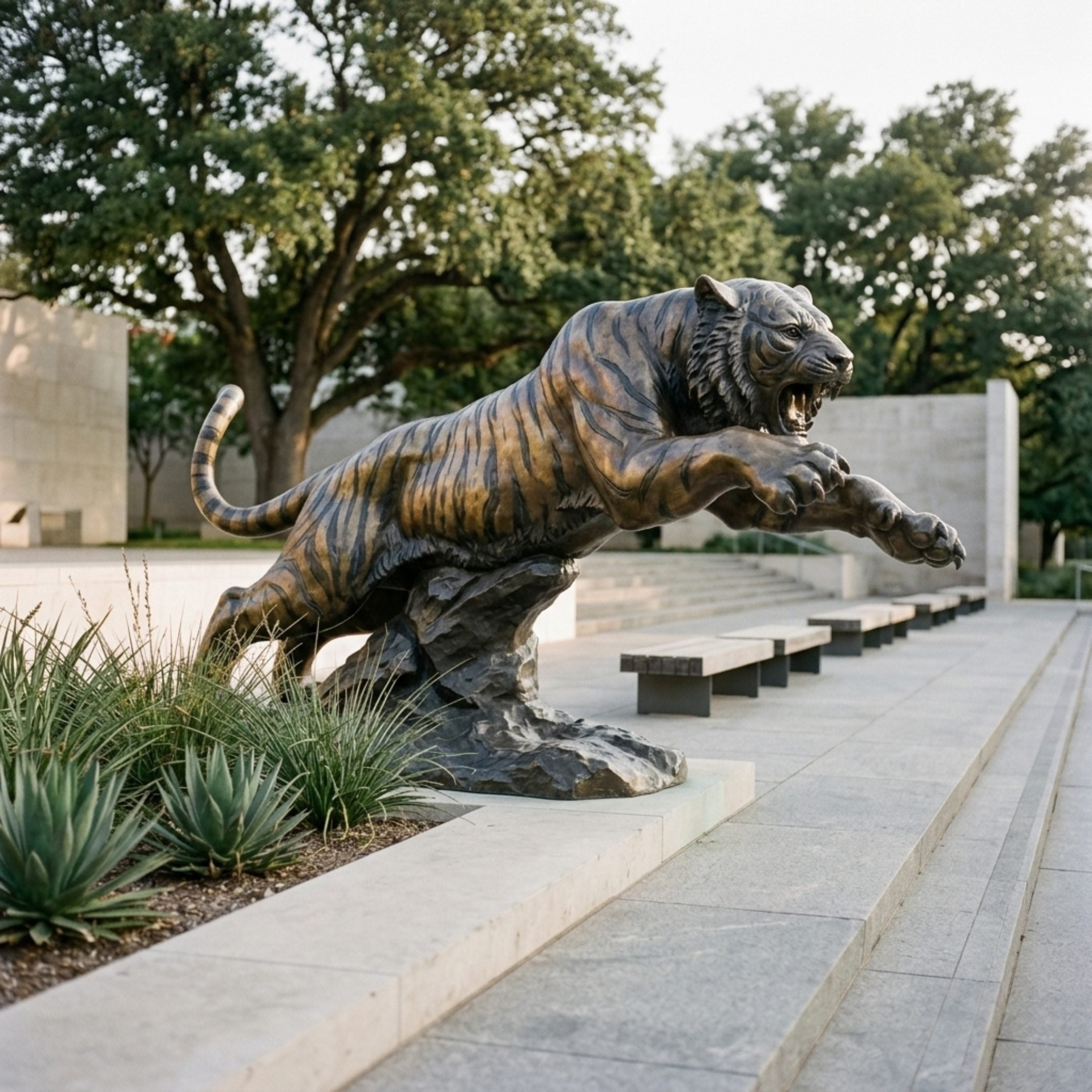 Giant Sculptures Monumental Traditional Leaping Tiger Bronze Sculpture in mid-pounce on a rocky base, displayed on a paved courtyard beside benches and trees.
