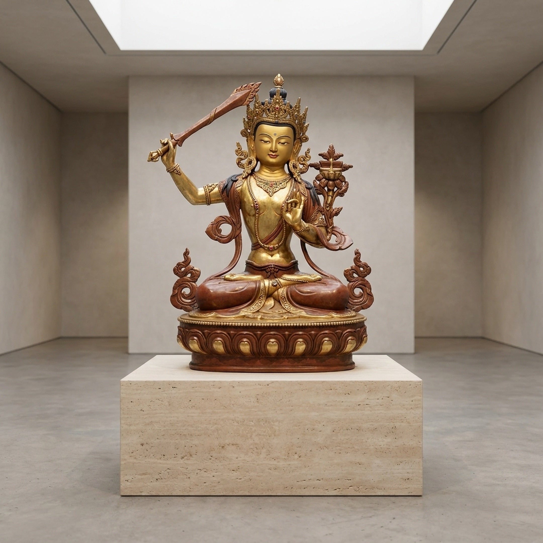 Monumental Traditional Manjushri Seated Bronze Sculpture by Giant Sculptures, gilded with reddish-brown robes, on a travertine plinth in a skylit gallery.