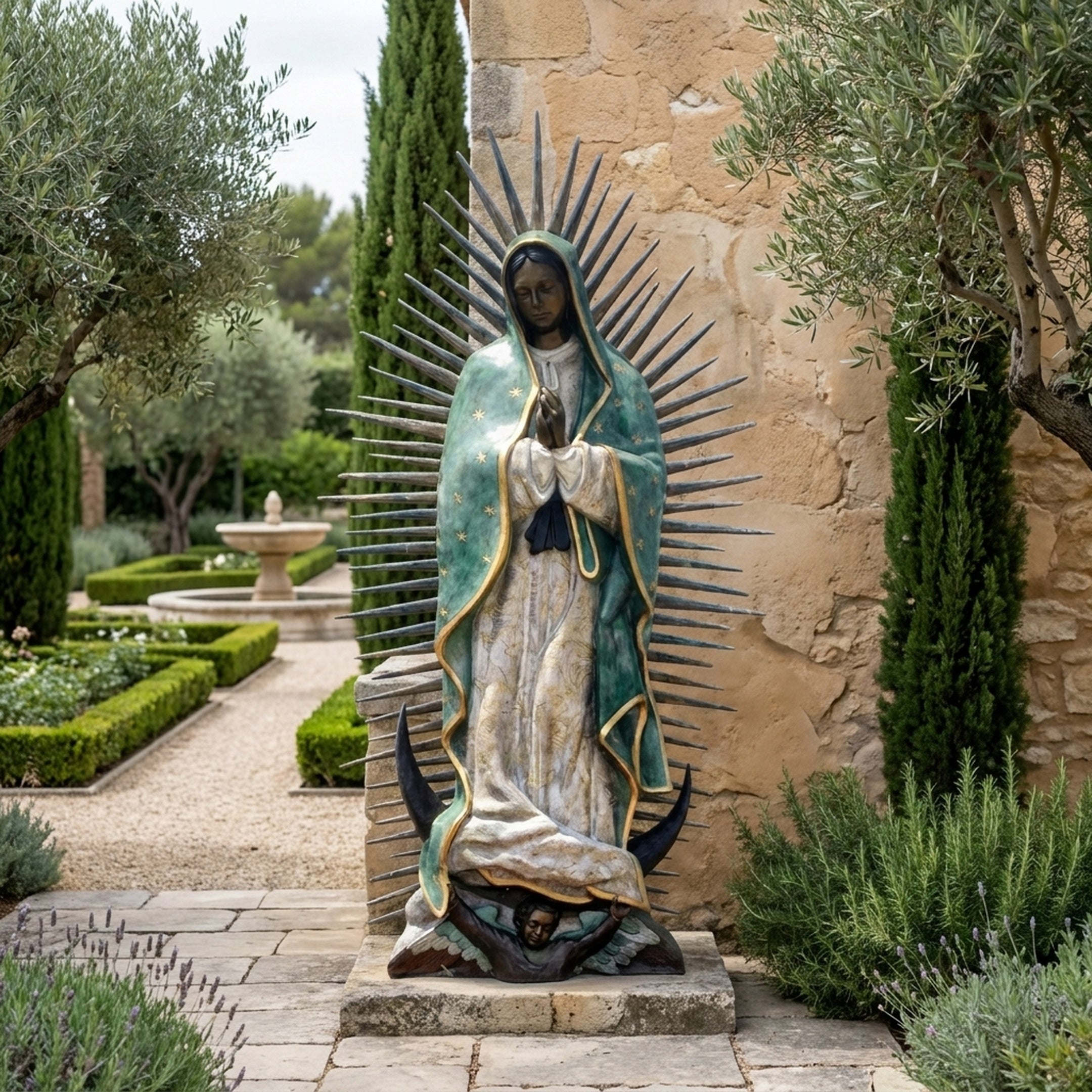 Monumental Our Lady of Guadalupe Bronze Statue by Giant Sculptures in teal mantle and cream robe with spike halo, displayed in a formal garden by a stone wall.