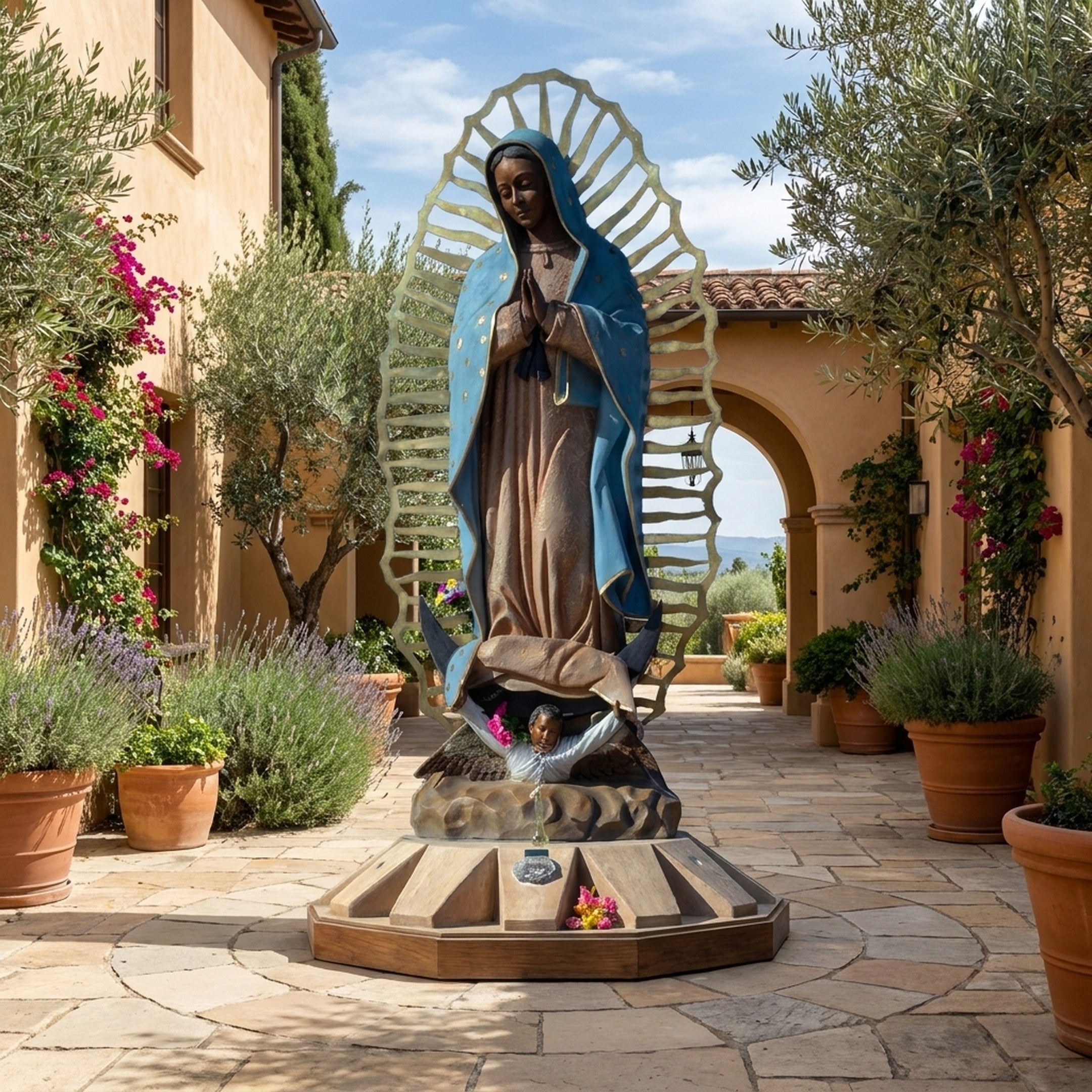 Monumental Traditional Our Lady of Guadalupe Bronze Statue by Giant Sculptures in polychrome blue and brown with gold mandorla, displayed in a Mediterranean courtyard.