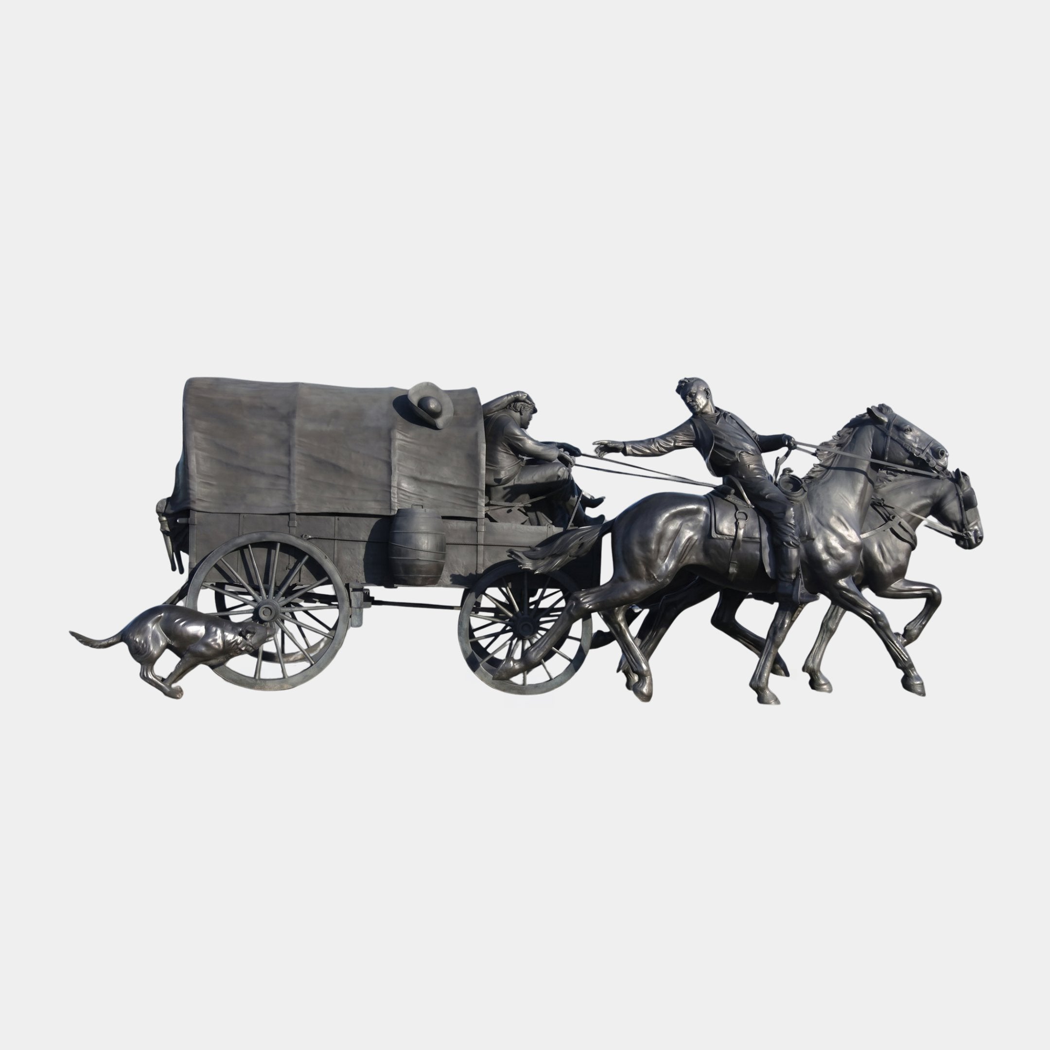 Monumental Pioneer Covered Wagon with Horse Team Bronze Sculpture by Giant Sculptures, side view of galloping horses, driver, rider and running dog.