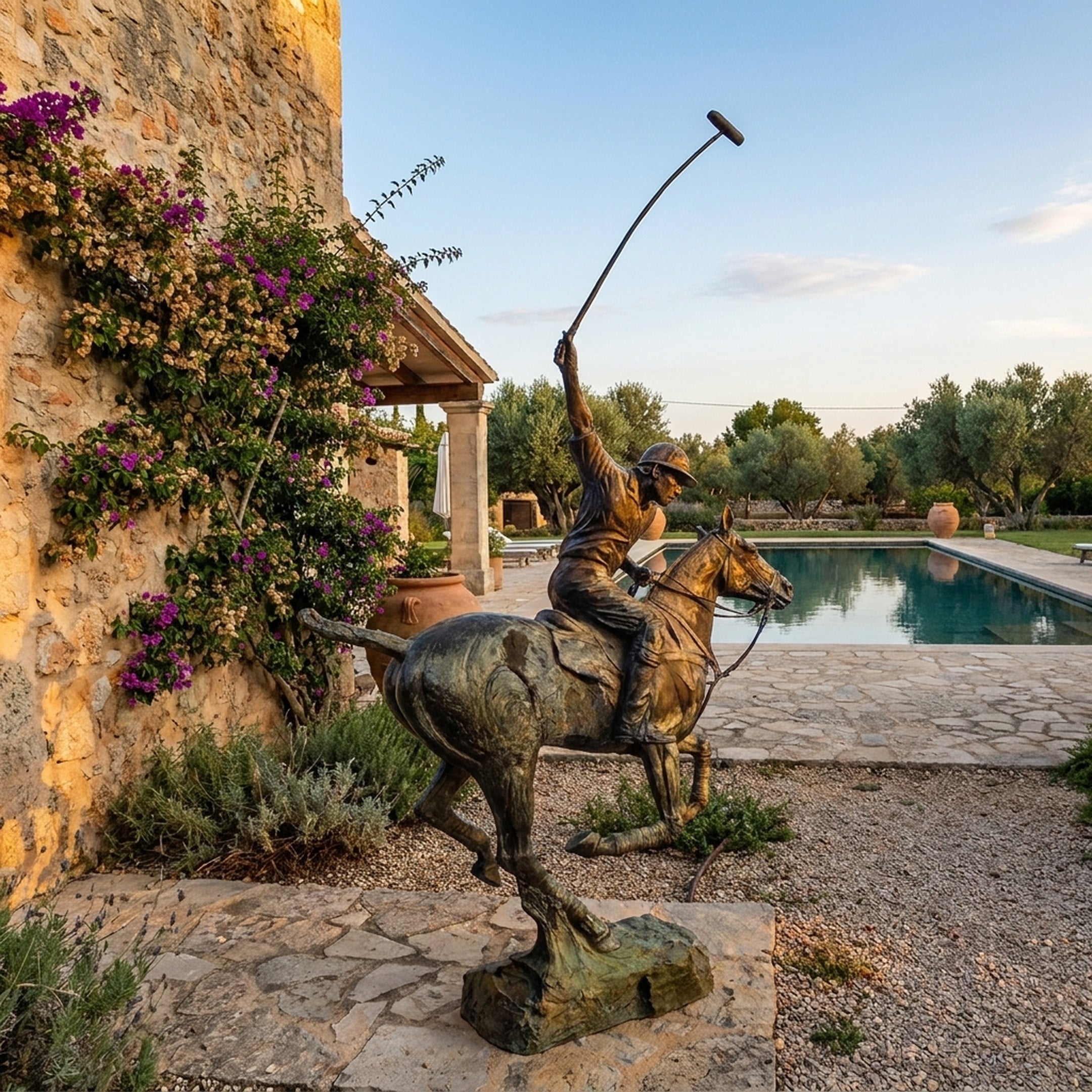 Monumental Traditional Polo Player and Horse Bronze Sculpture by Giant Sculptures, mallet raised mid-swing, displayed on stone paving beside a pool and bougainvillea-draped wall.