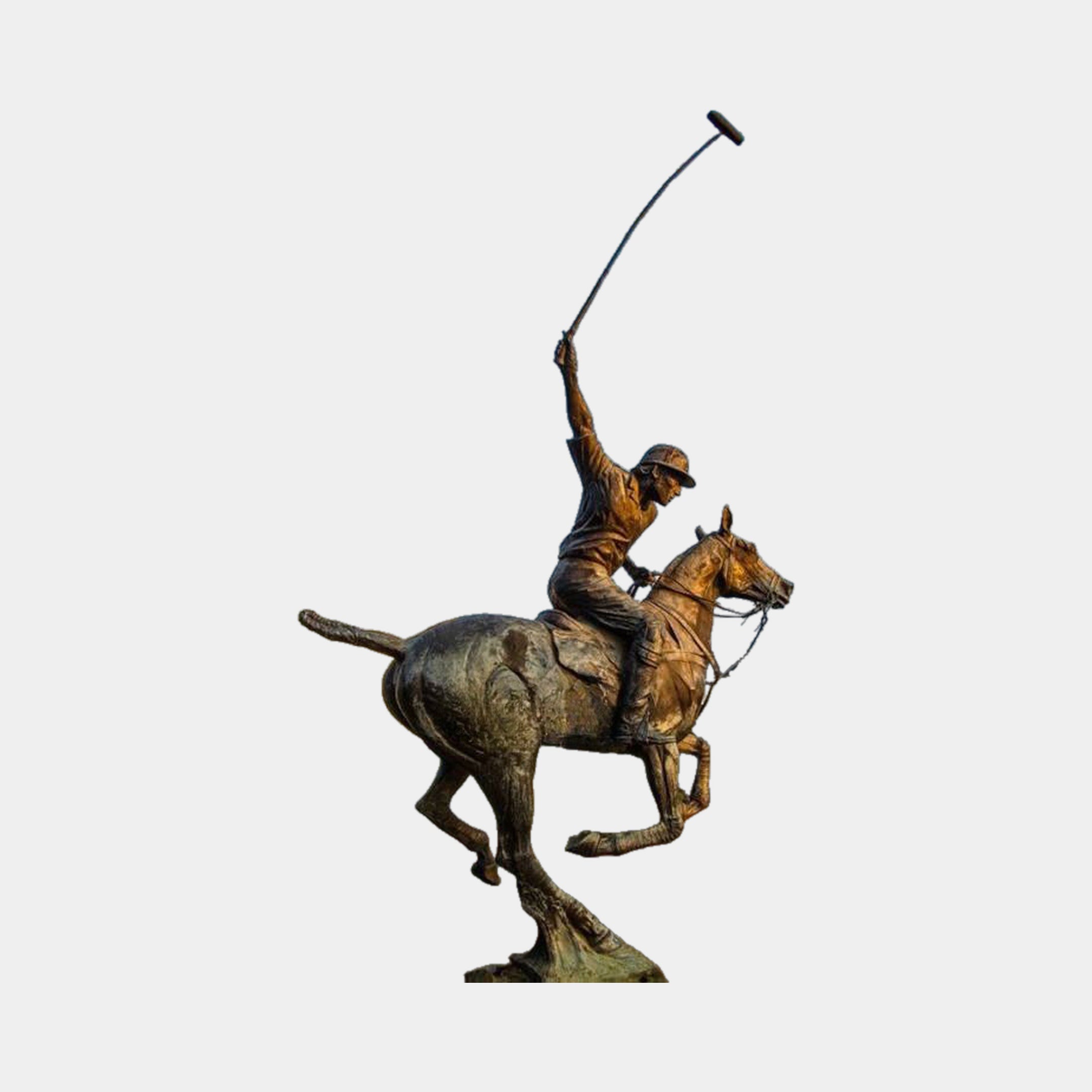 Monumental Traditional Polo Player and Horse Bronze Sculpture by Giant Sculptures, 380cm, rider mid-swing with mallet raised on galloping horse, warm brown patina.