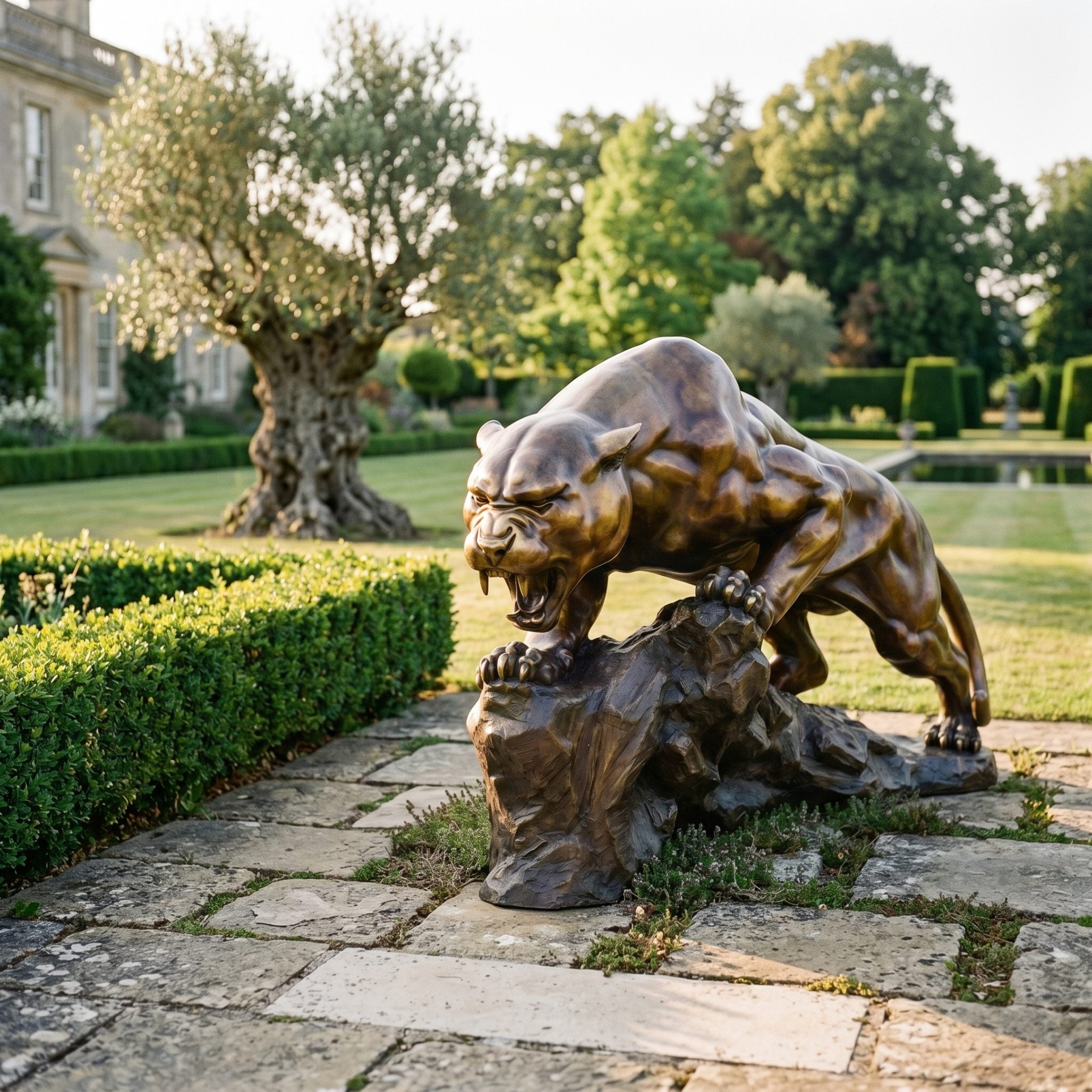 Monumental Traditional Prowling Panther Bronze Sculpture by Giant Sculptures in warm golden-brown patina, crouched on a rocky base on a stone garden path.