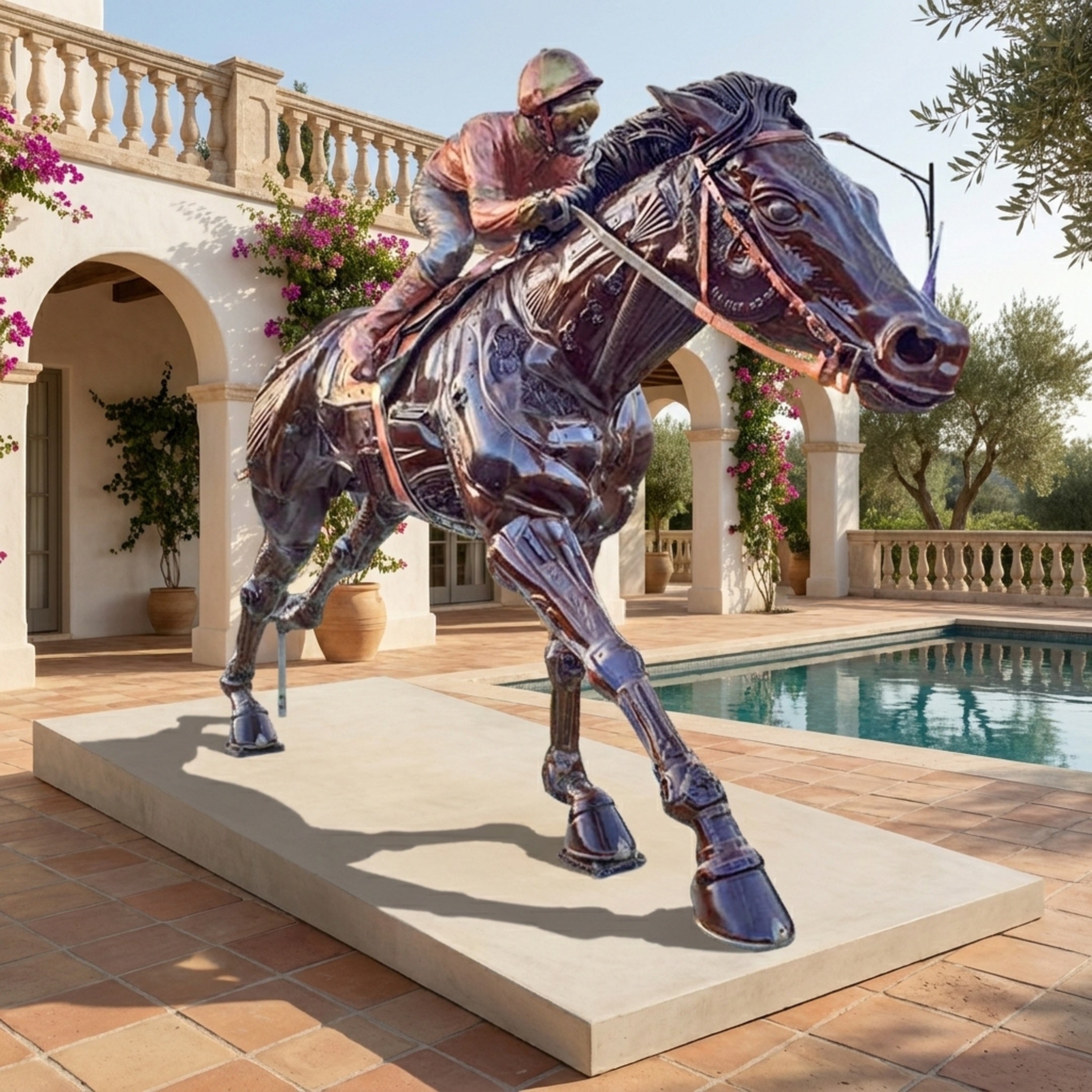 Monumental Traditional Racehorse and Jockey Bronze Sculpture by Giant Sculptures, shown mid-gallop on a low platform beside a poolside Mediterranean villa.