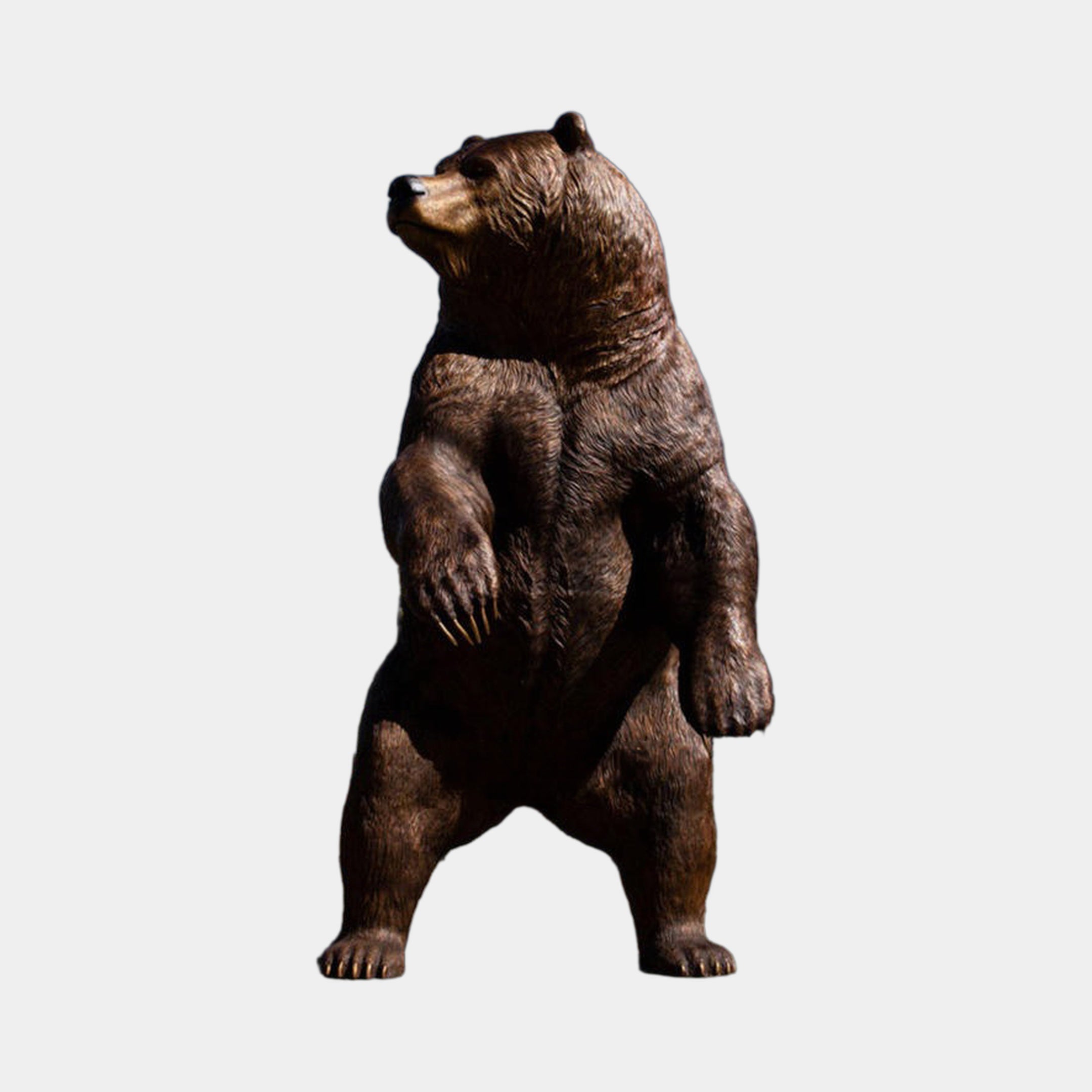 Monumental Traditional Rearing Grizzly Bear Bronze Sculpture by Giant Sculptures, shown upright on hind legs with warm brown patina against a plain grey background.