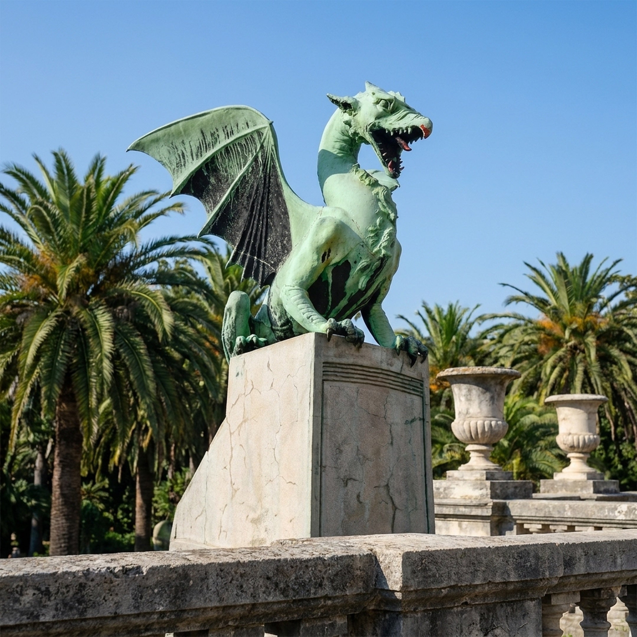 Monumental Traditional Rearing Winged Dragon Bronze Sculpture by Giant Sculptures with verdigris patina, mid-roar on a stone plinth among palm trees.