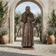 Giant Sculptures Monumental Traditional Robed Friar Bronze Statue 300cm with raised hand and rosary, displayed on gravel beneath a stone archway in a garden.