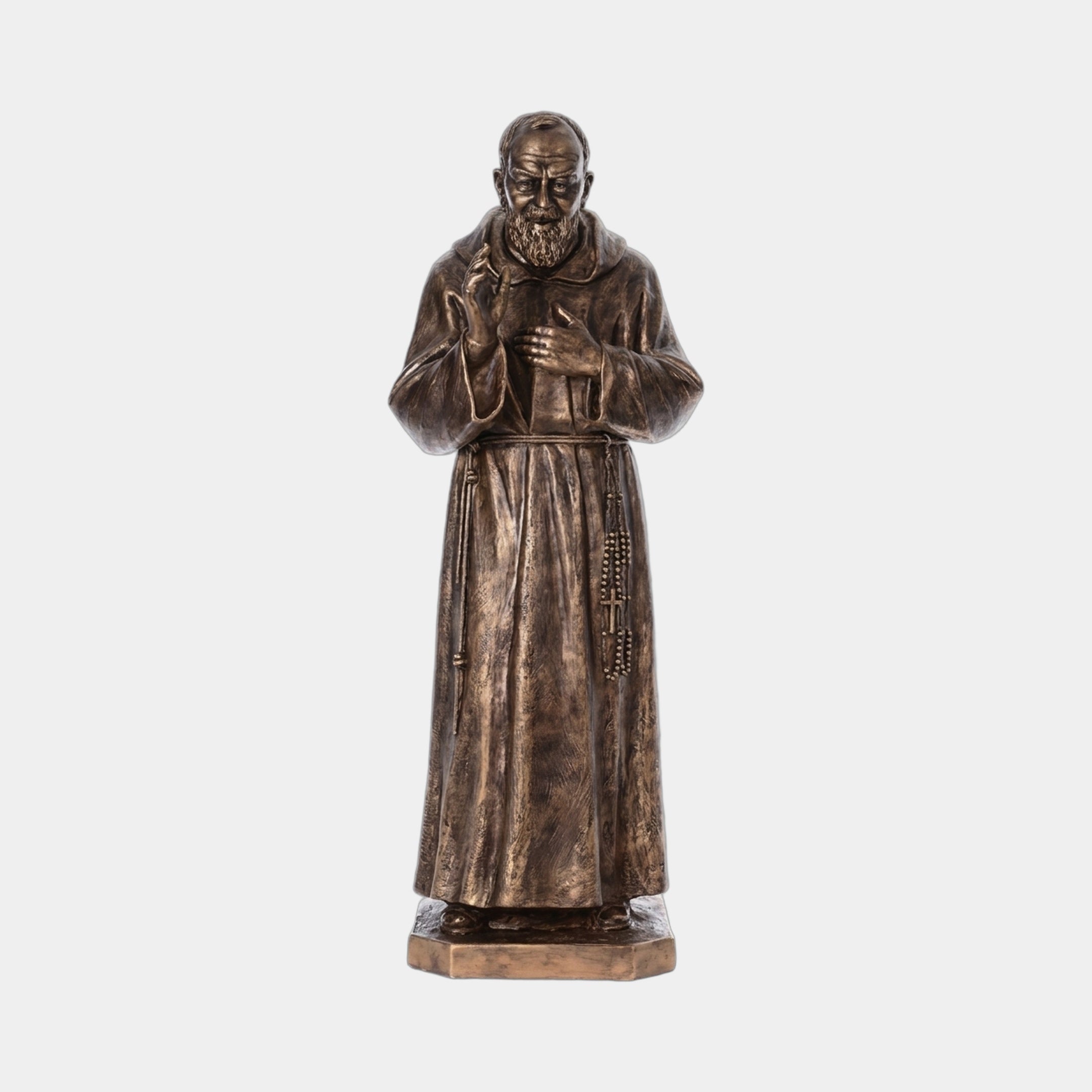 Monumental Traditional Robed Friar Bronze Statue by Giant Sculptures, 300cm, right hand raised in blessing, left holding a rosary, on octagonal plinth.