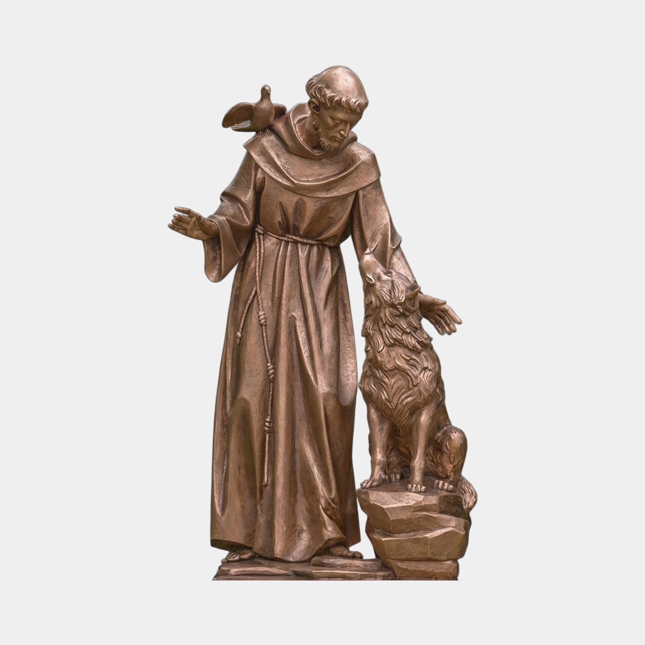Monumental Traditional Robed Friar with Dove and Wolf Bronze Sculpture by Giant Sculptures, 210cm, with warm golden patina on a rocky base.
