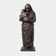 Monumental Traditional Robed Woman and Child Bronze Statue by Giant Sculptures, standing figure in striped head covering cradling a child, dark patina, plain background.