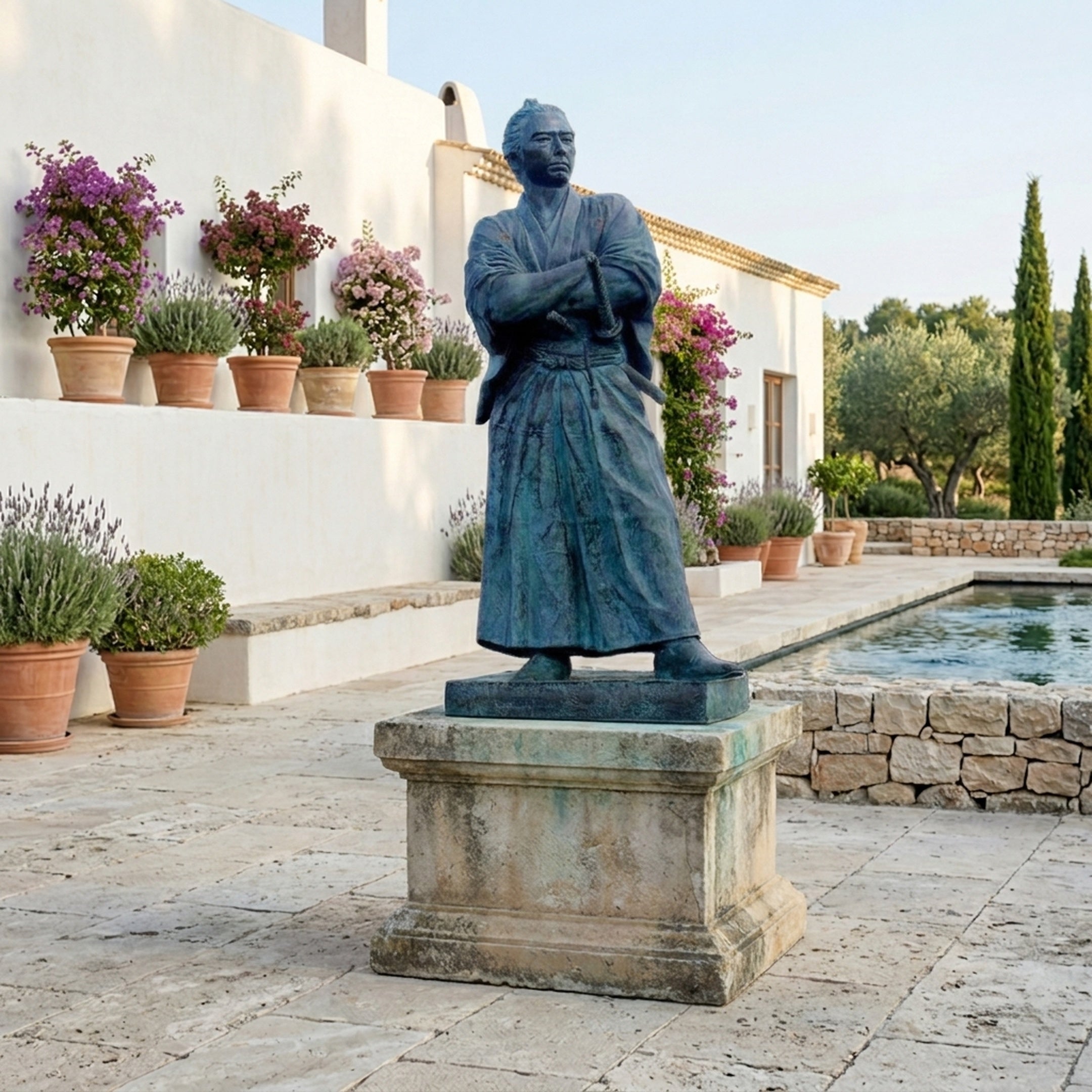 Monumental Traditional Samurai Warrior Bronze Sculpture by Giant Sculptures with verdigris patina, arms folded, displayed on a stone plinth beside a poolside terrace.