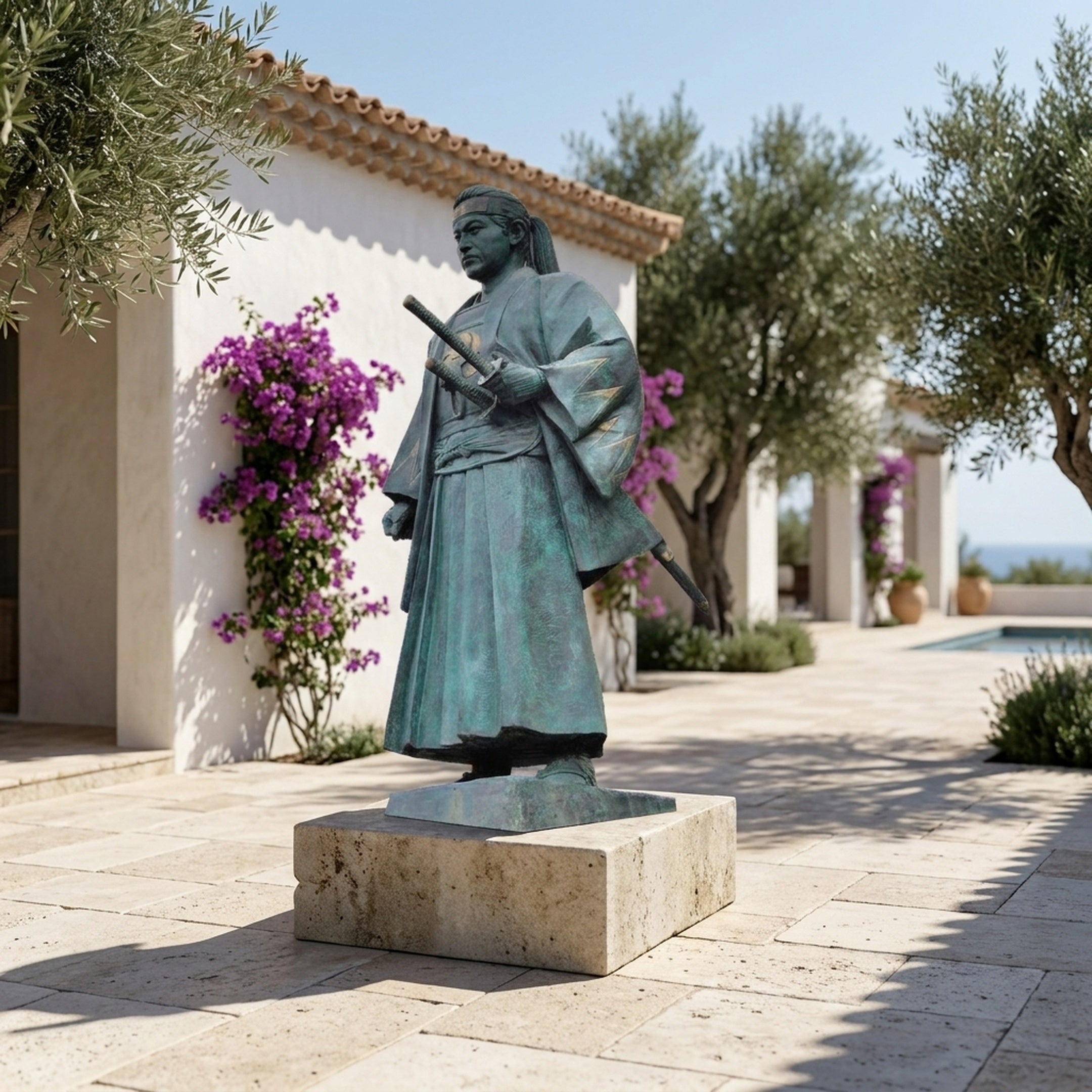 Monumental Traditional Samurai Warrior Bronze Statue by Giant Sculptures with verdigris patina and gold accents, displayed on a stone plinth in a sunlit Mediterranean courtyard.