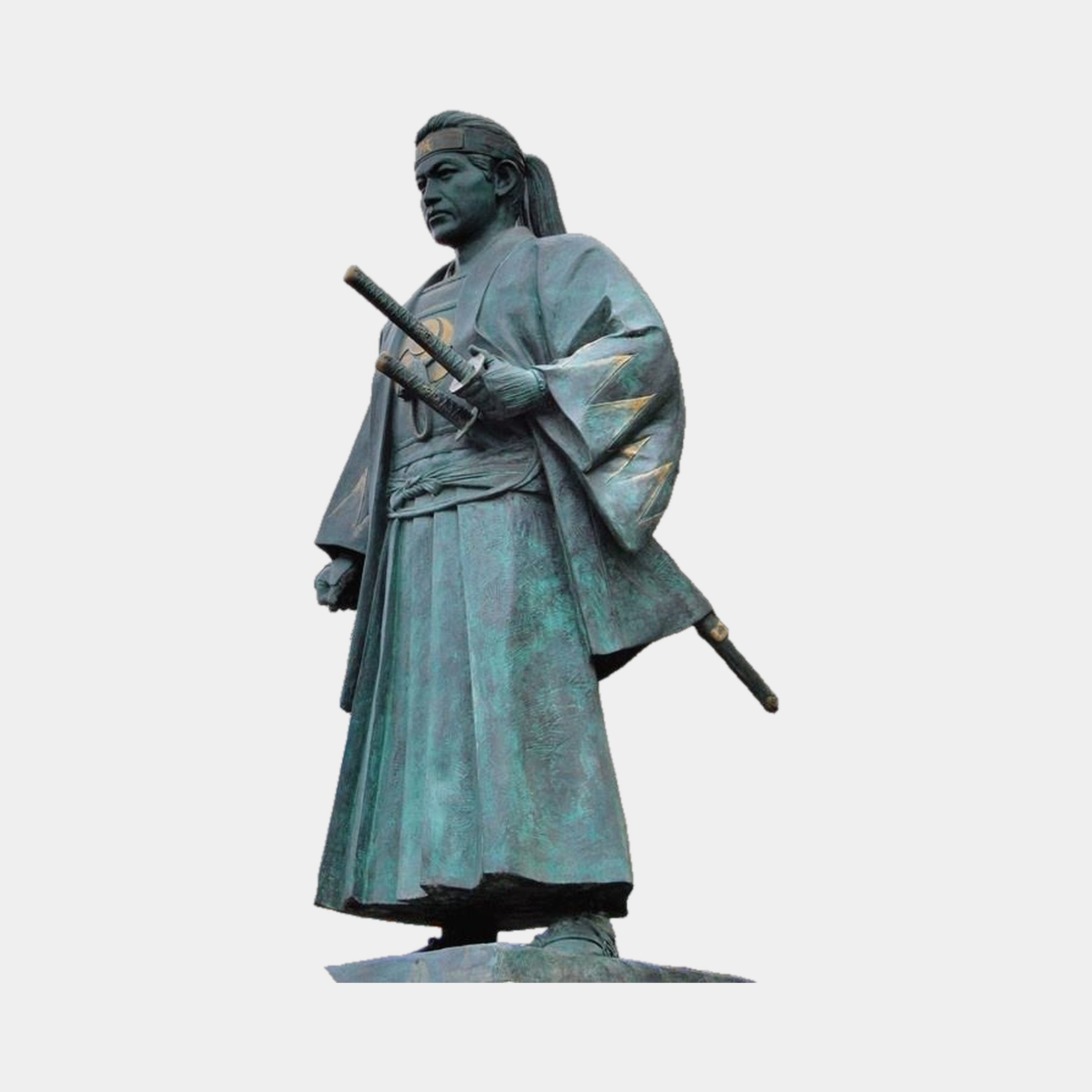 Monumental Traditional Samurai Warrior Bronze Statue 350cm by Giant Sculptures, verdigris patina with gold-toned accents, katana drawn across torso, on plain background.