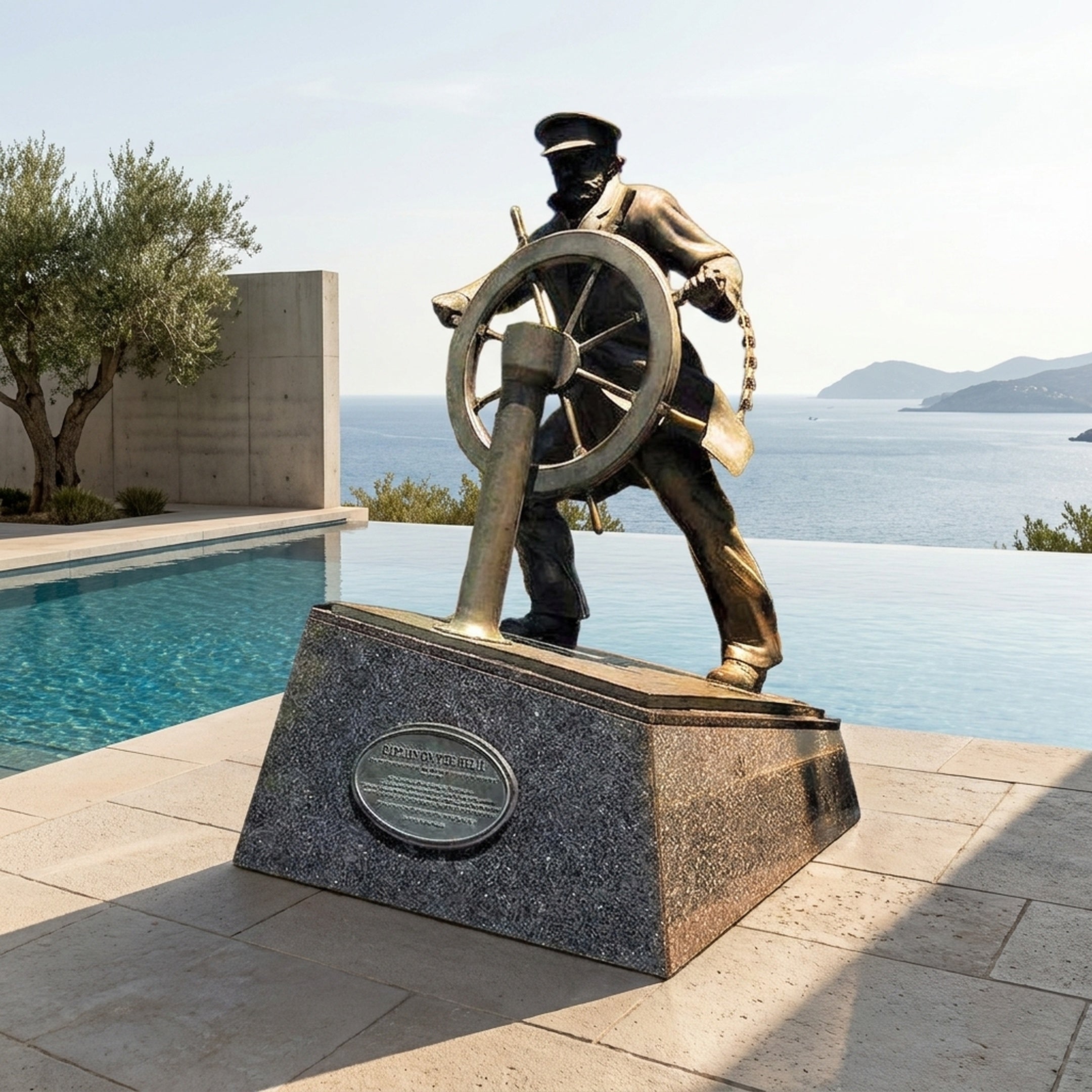 Monumental Traditional Sea Captain Bronze Sculpture by Giant Sculptures, captain gripping a ship's helm on an angled granite plinth beside a poolside sea view.